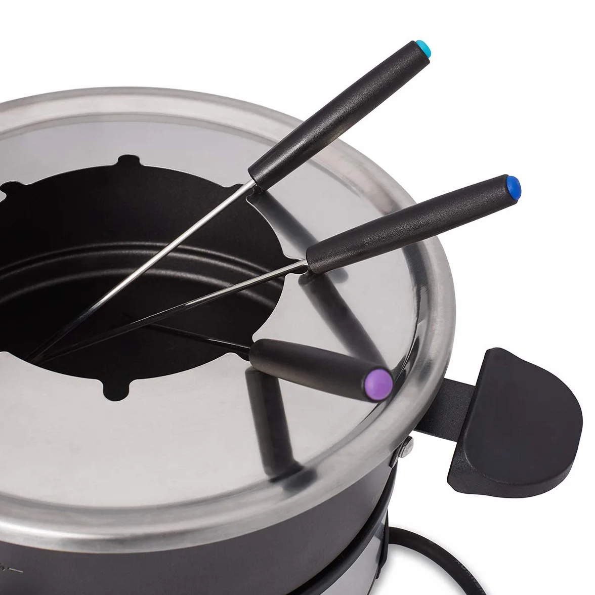 Cloer 6679 fondue dla 8 osób, powlekany garnek aluminiowy, łącznie z ochroną przed pryskaniem, 8 kolorowymi widelcami 1,5 litra, 1000 W, srebrny, czarny