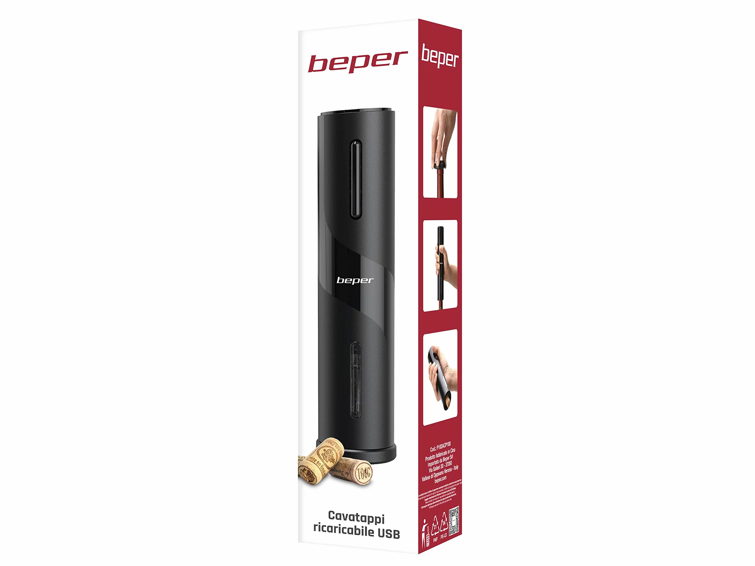 BEPER P102ACP100 Korkociąg elektryczny z obcinaczem do wina, ładowany USB