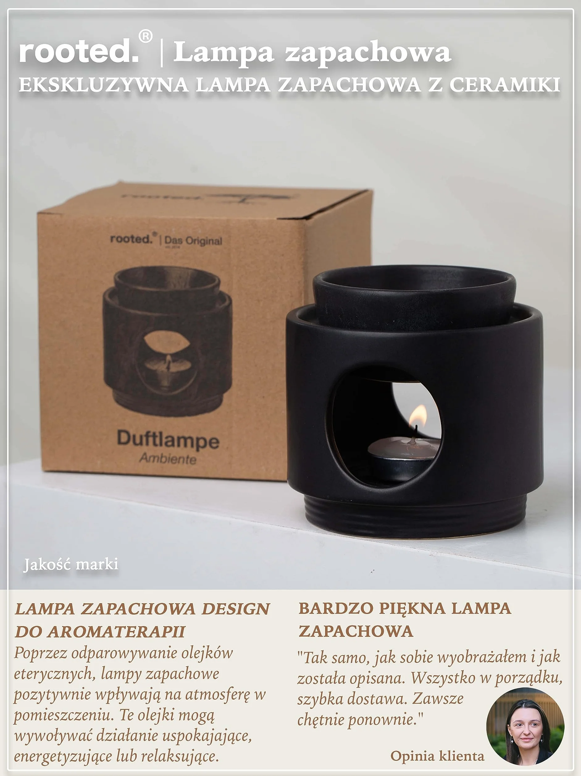 rooted.® | Lampa zapachowa Ambiente na świeczkę tealight | Designowa lampa aromatyczna z ceramiki | Podgrzewacz do olejków eterycznych, olejków zapachowych i wosków zapachowych | Matowa czerń