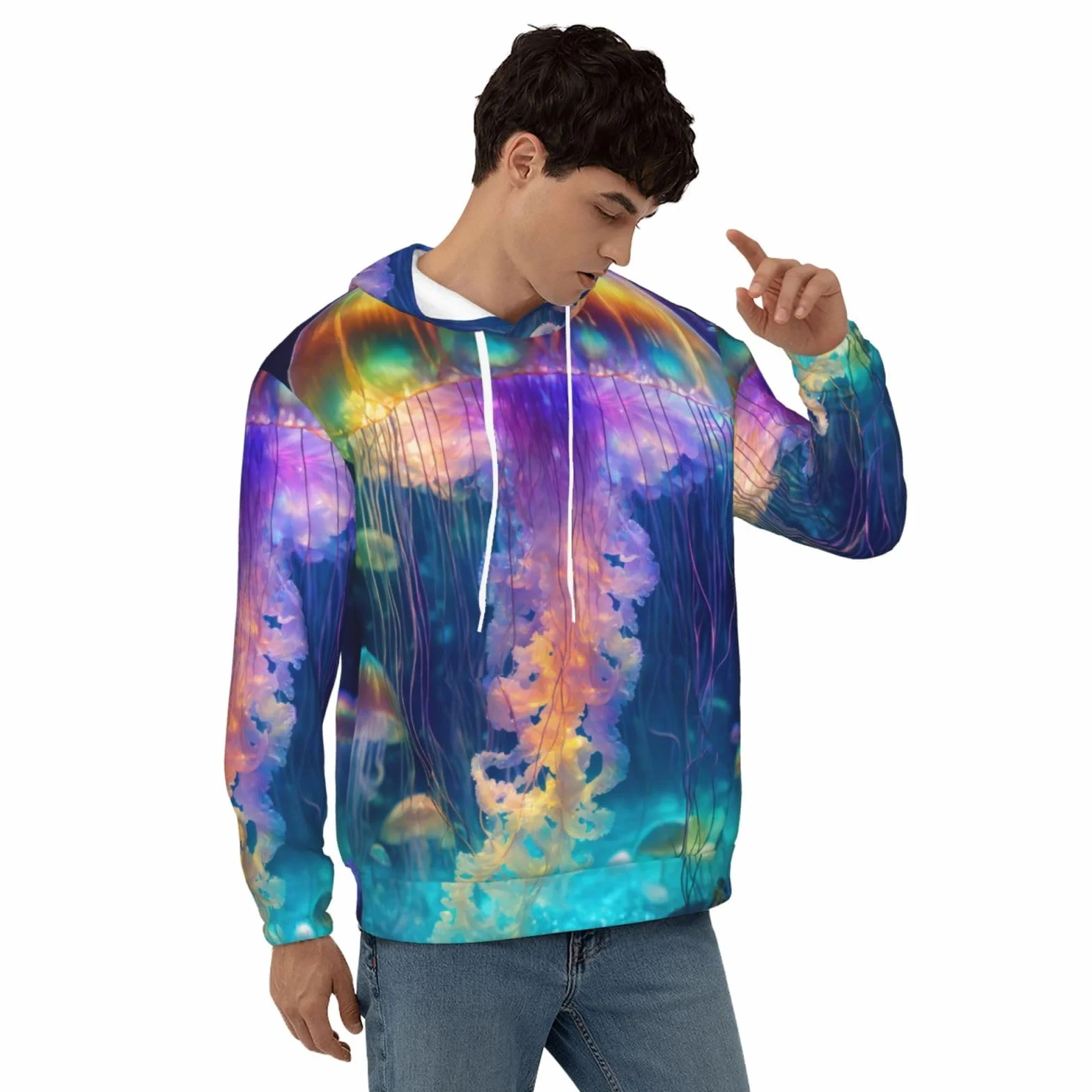 Męska bluza z kapturem z nadrukiem oceanu meduzy, casualowa grafika z nadrukiem bluzy z kapturem z kieszenią