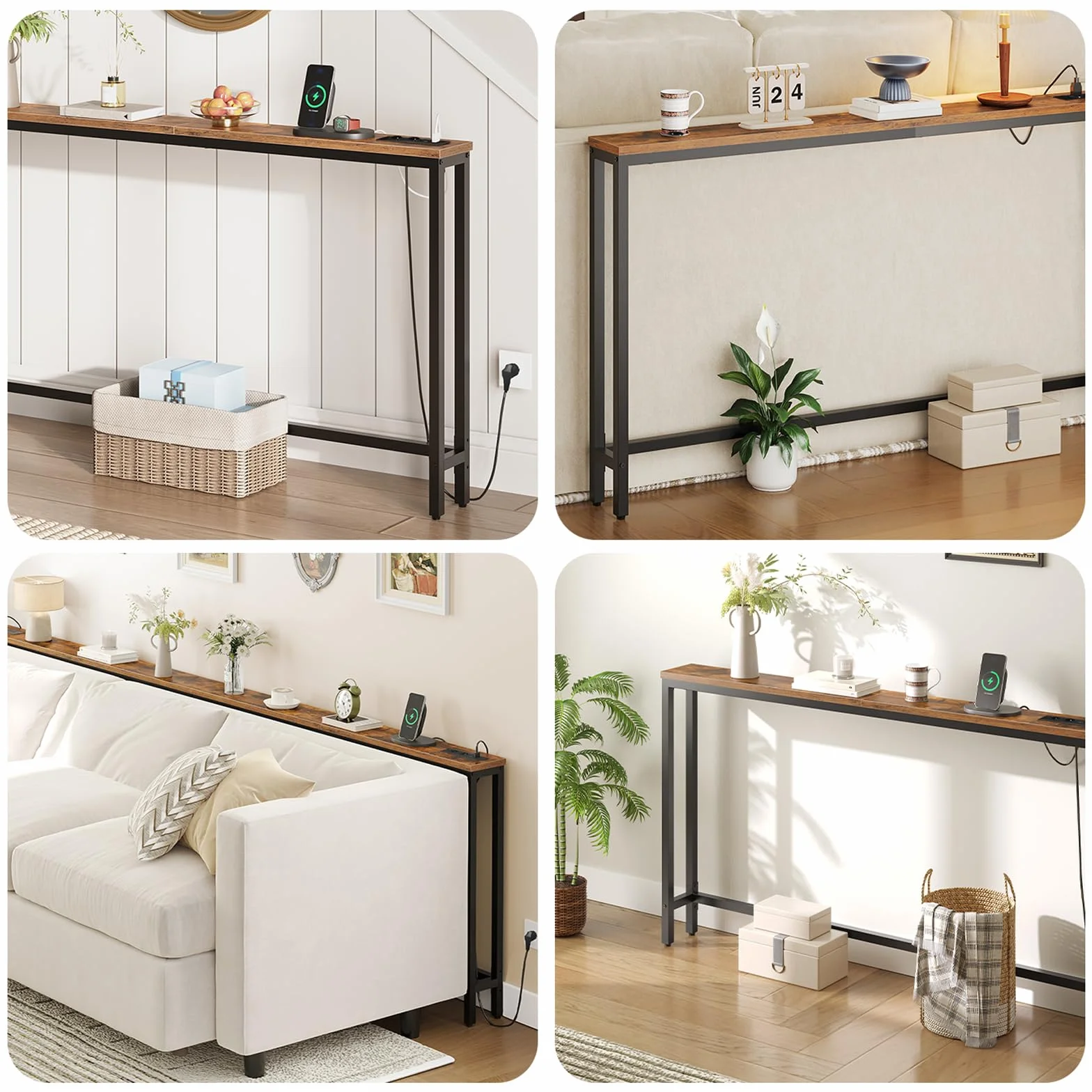 HOOBRO Wąski stolik konsolowy 140 cm z stacją ładującą, metalowa rama, brązowy vintage