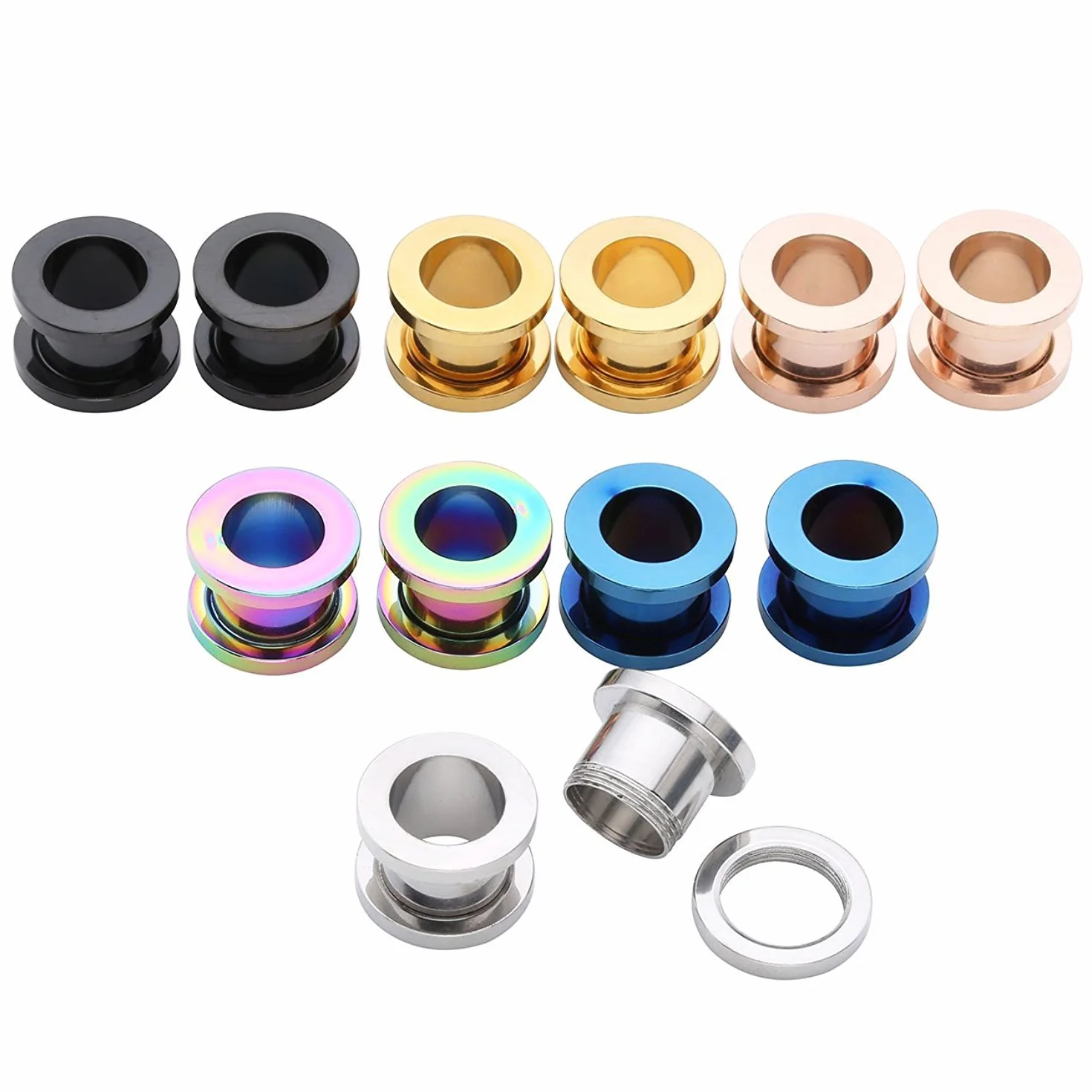 12 szt. 6 kolorów 316L stal nierdzewna O wskaźniki do uszu tunele do uszu wkręt do stosowania w biżuterii do piercingu ciała 14g (1,6mm), 6mm(2g), Stal nierdzewna