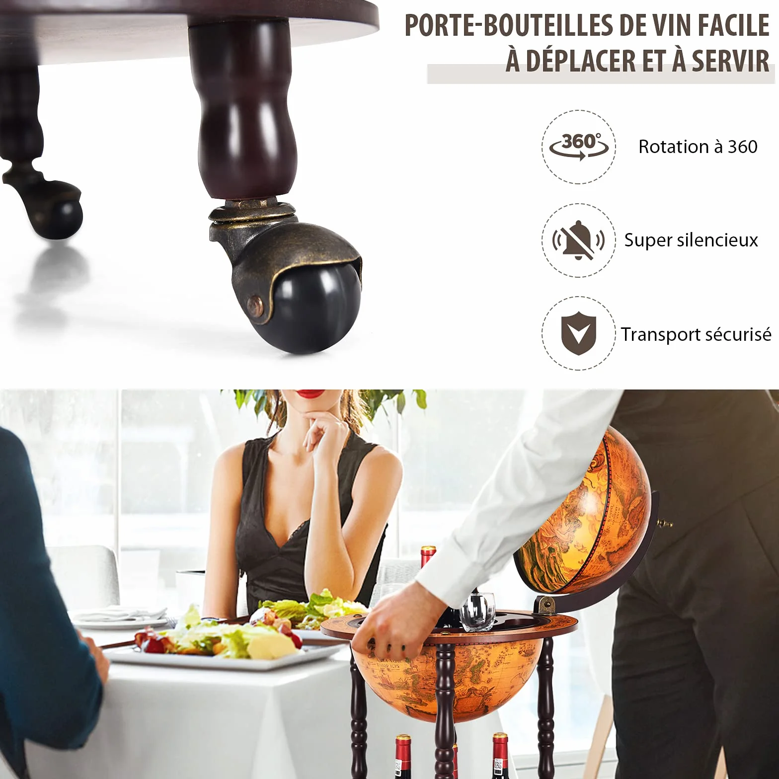 Giantex barek domowy globus vintage minibar z płytą podłogową eukaliptus 3 kółka