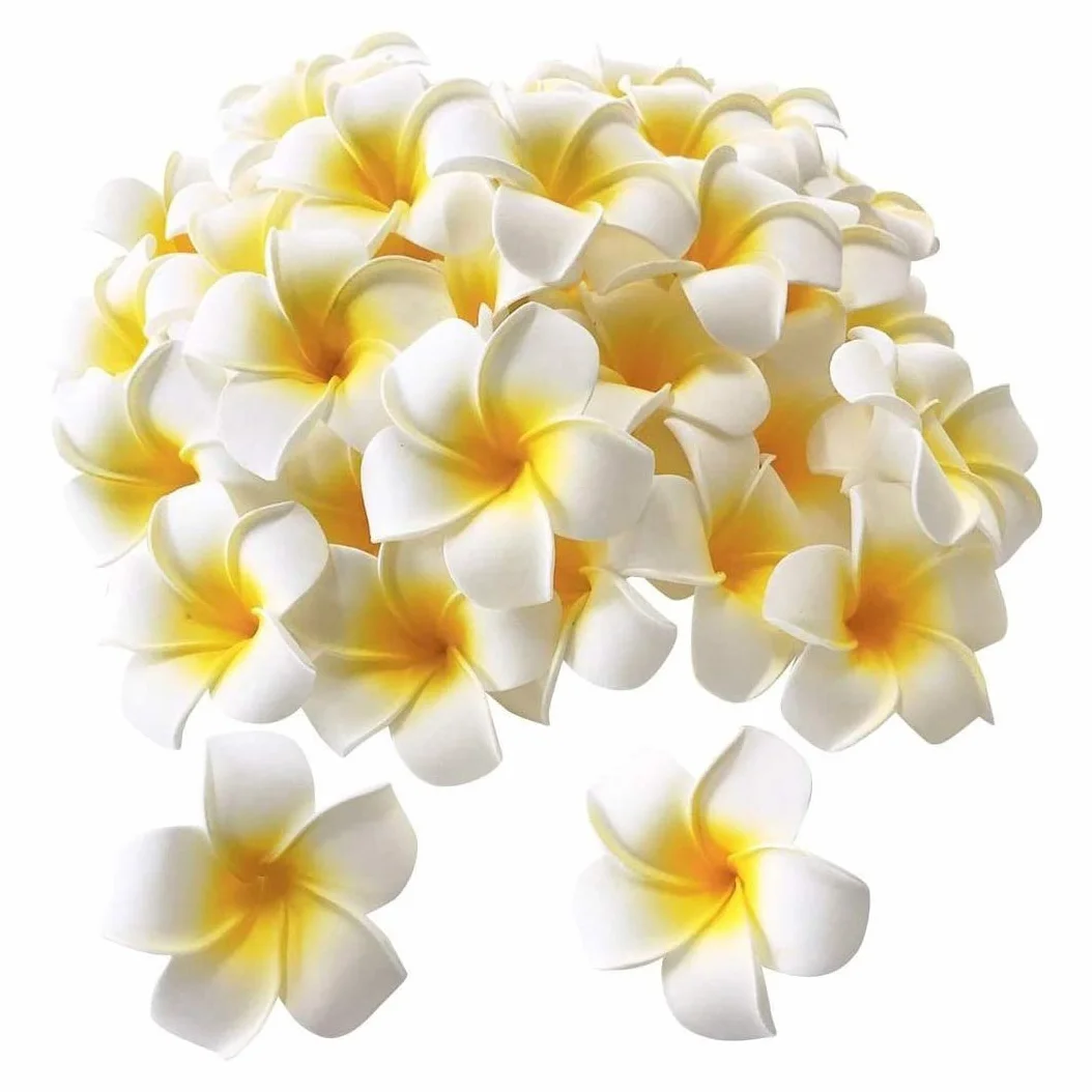 100 sztuk białych pianek hawajskich, Frangipani, Plumeria, kwiaty, kwiaty, włosy, kapelusz, wianek "zrób to ", dekoracja weselna, 5 cm