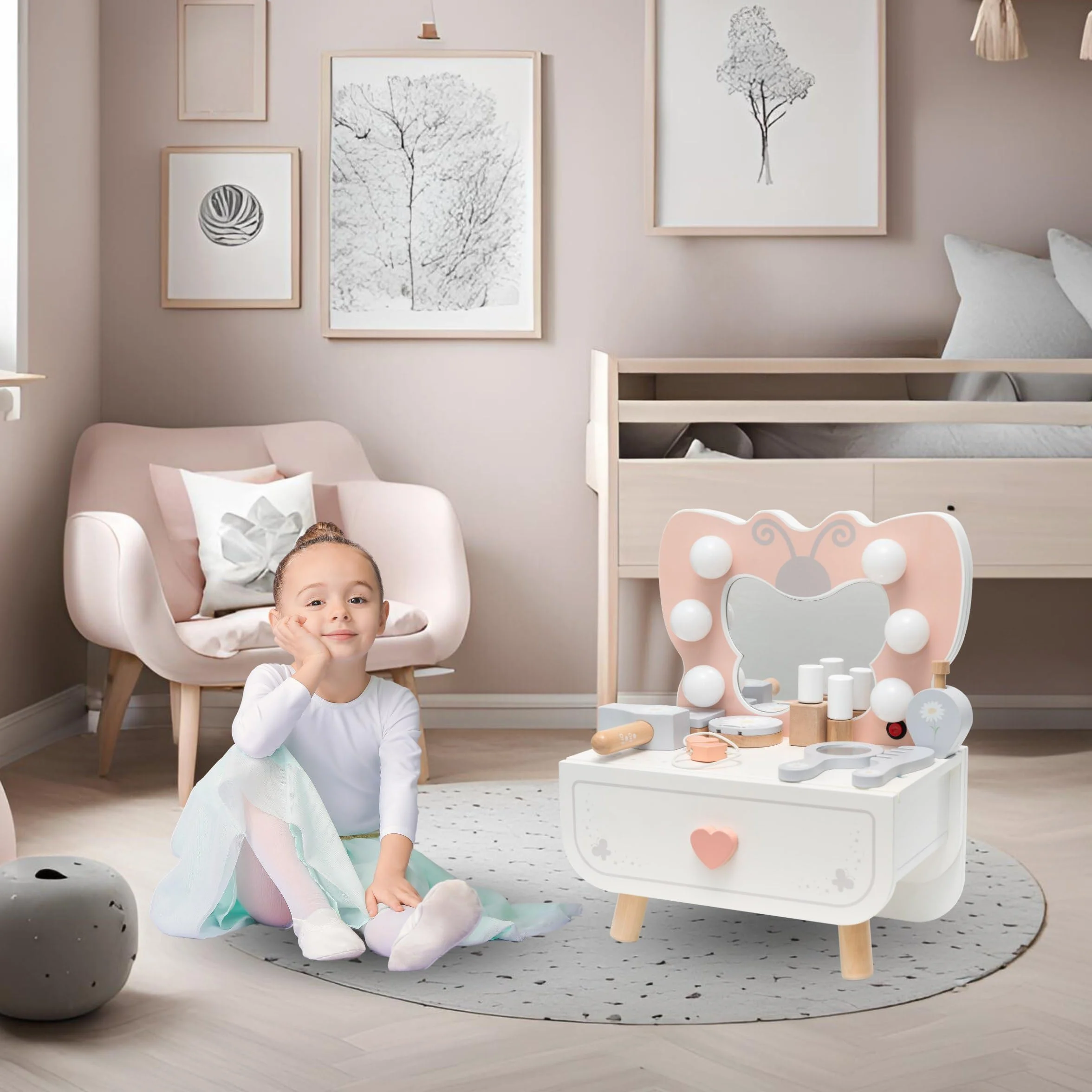 Mamabrum Drewniana Mini Toaletka dla Dzieci 3+ z Oświetleniem LED i Lustrem
