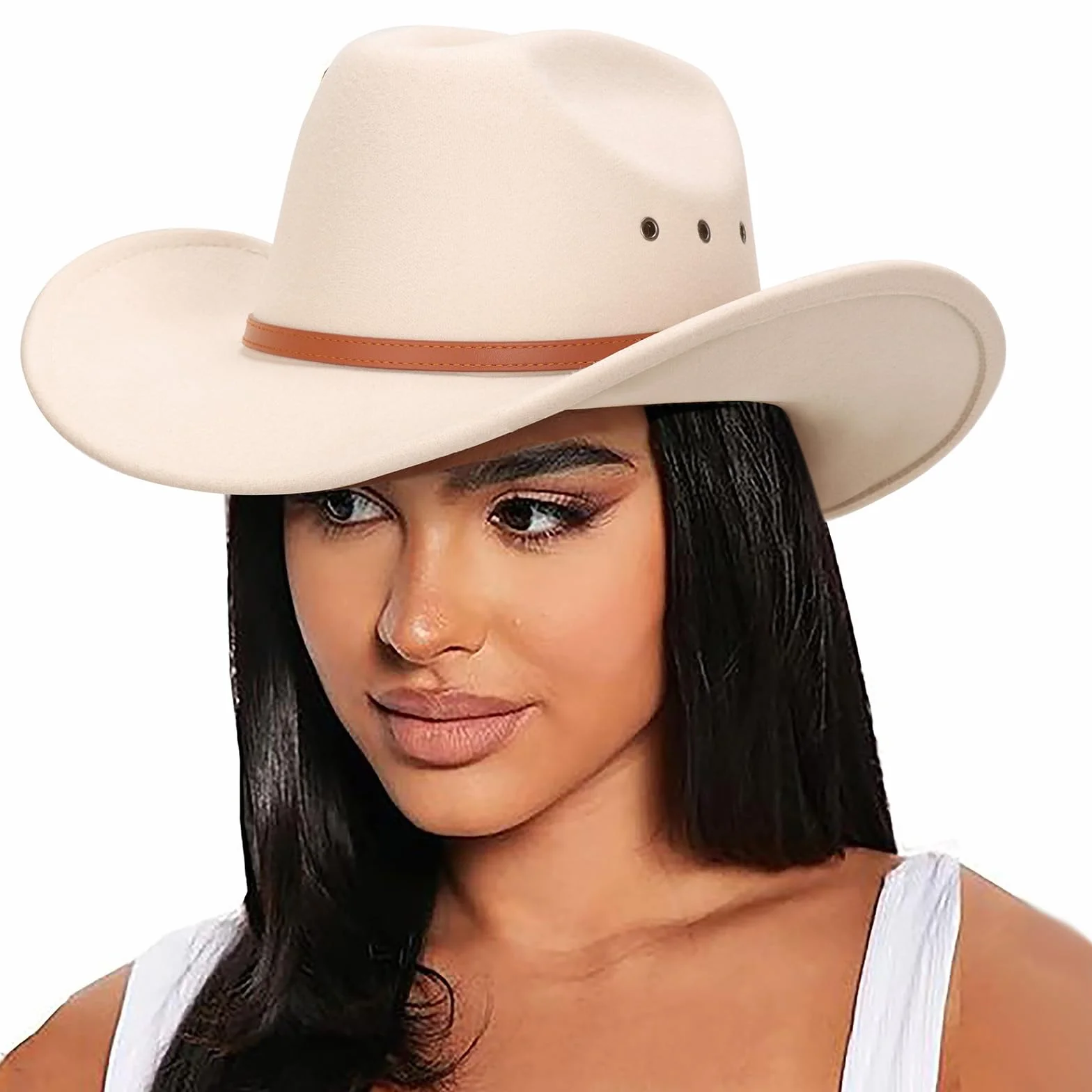 DRESHOW Kapelusz Kowbojski dla Kobiet Kapelusze Filcowe Cattleman Western Retro Fedora Outdoorowy Kapelusz Kowbojski z Szerokim Rondem i Paskiem z Klamrą