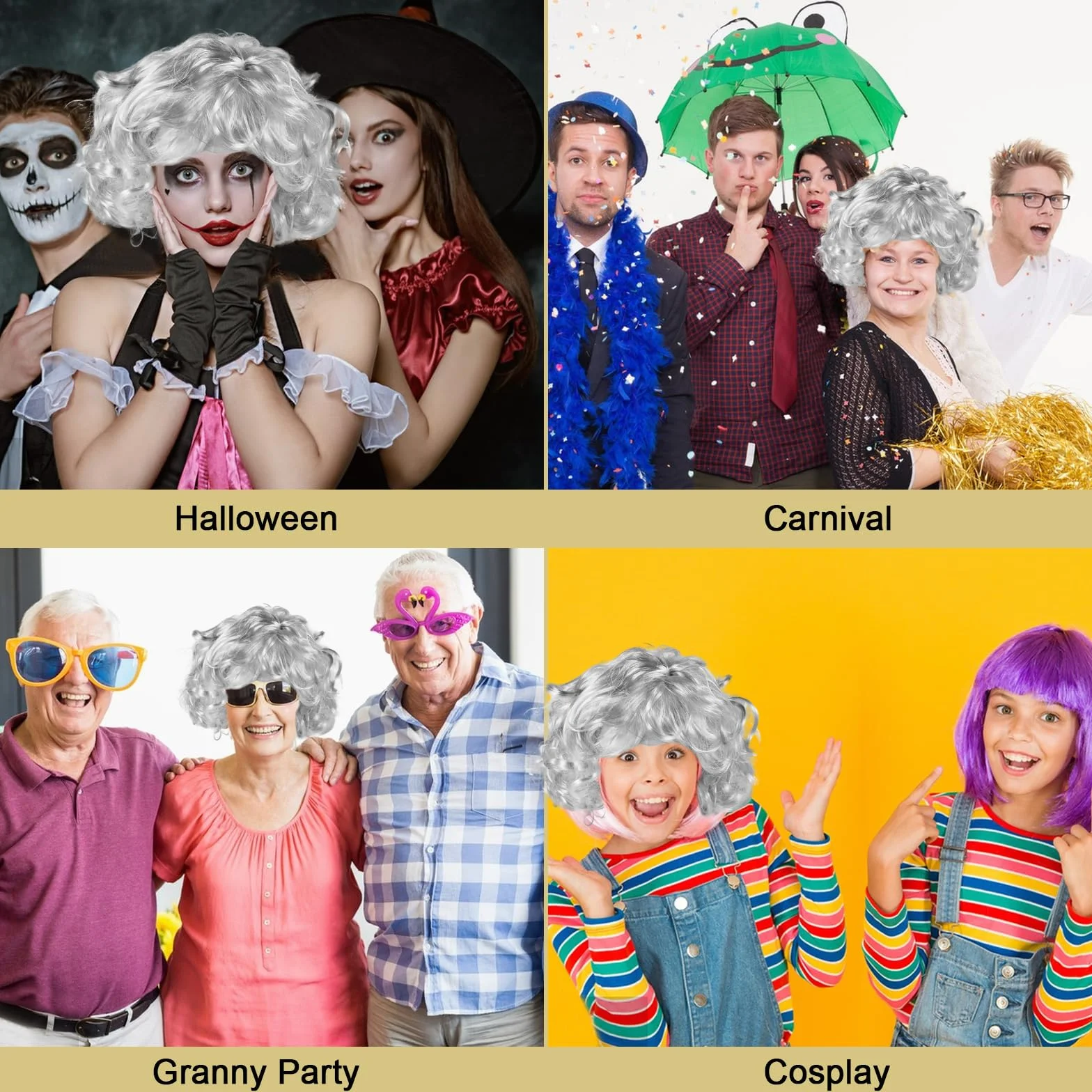 7 kostiumów babci, starej kobiety, z peruką, kolczyki, naszyjnik, bransoletka, dzbanki, na Halloween, występy, karnawał, cosplay