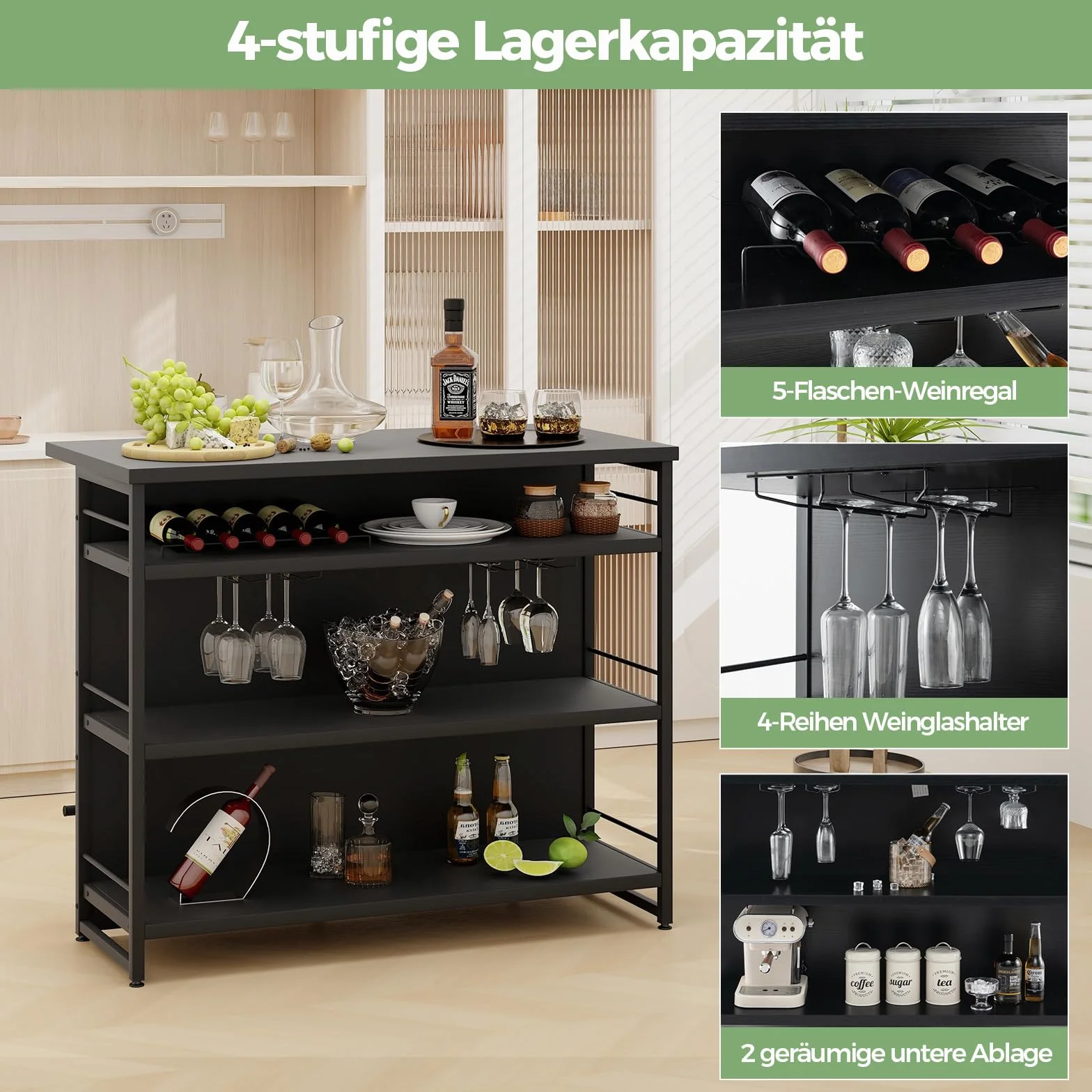 COSTWAY Domowy bar z 4 półkami, regał na wino z uchwytem na kieliszki, 120x60x101 cm, czarny