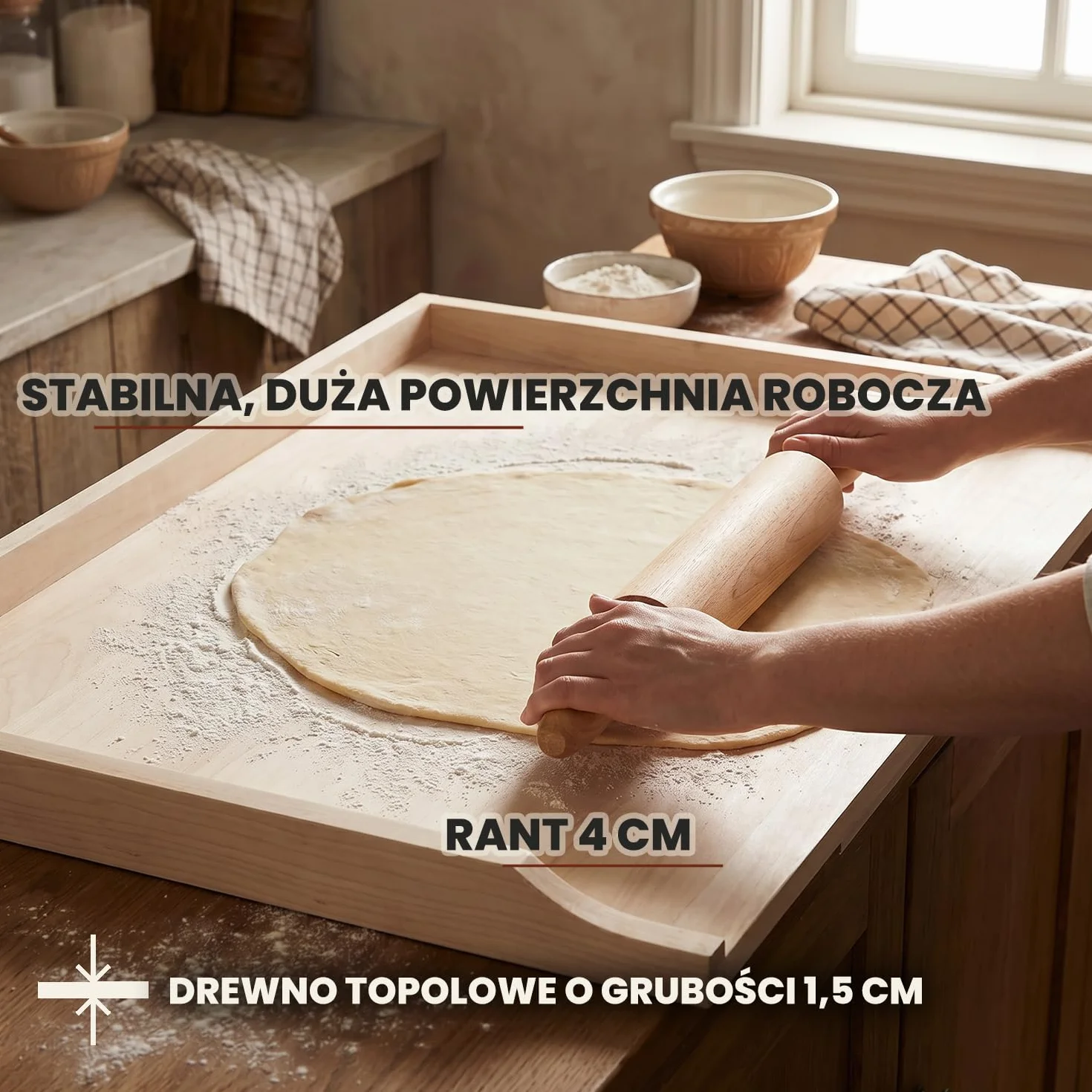Duża solidna stolnica drewniana 50x63 z rantem - stolnica z nielakierowanego drewna do łatwego wyrabiania ciasta, utrzymania czystości w kuchni, odporna na nacisk i pęknięcia