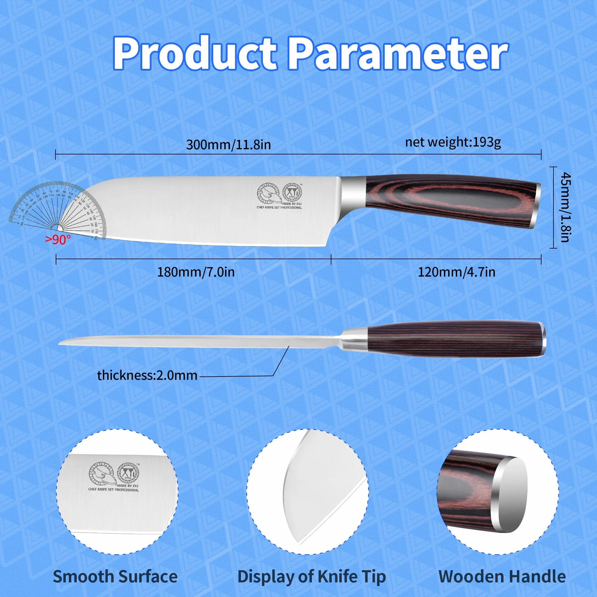 XYJ Professional Japanese Santoku Knife With Plastic Sleeve,7 Inch Vegetable Kitchen Knife,Stainless Steel,Meat Slicing Knife,Pakkawood Handle,Meat Cleaver for Outdoor Camping