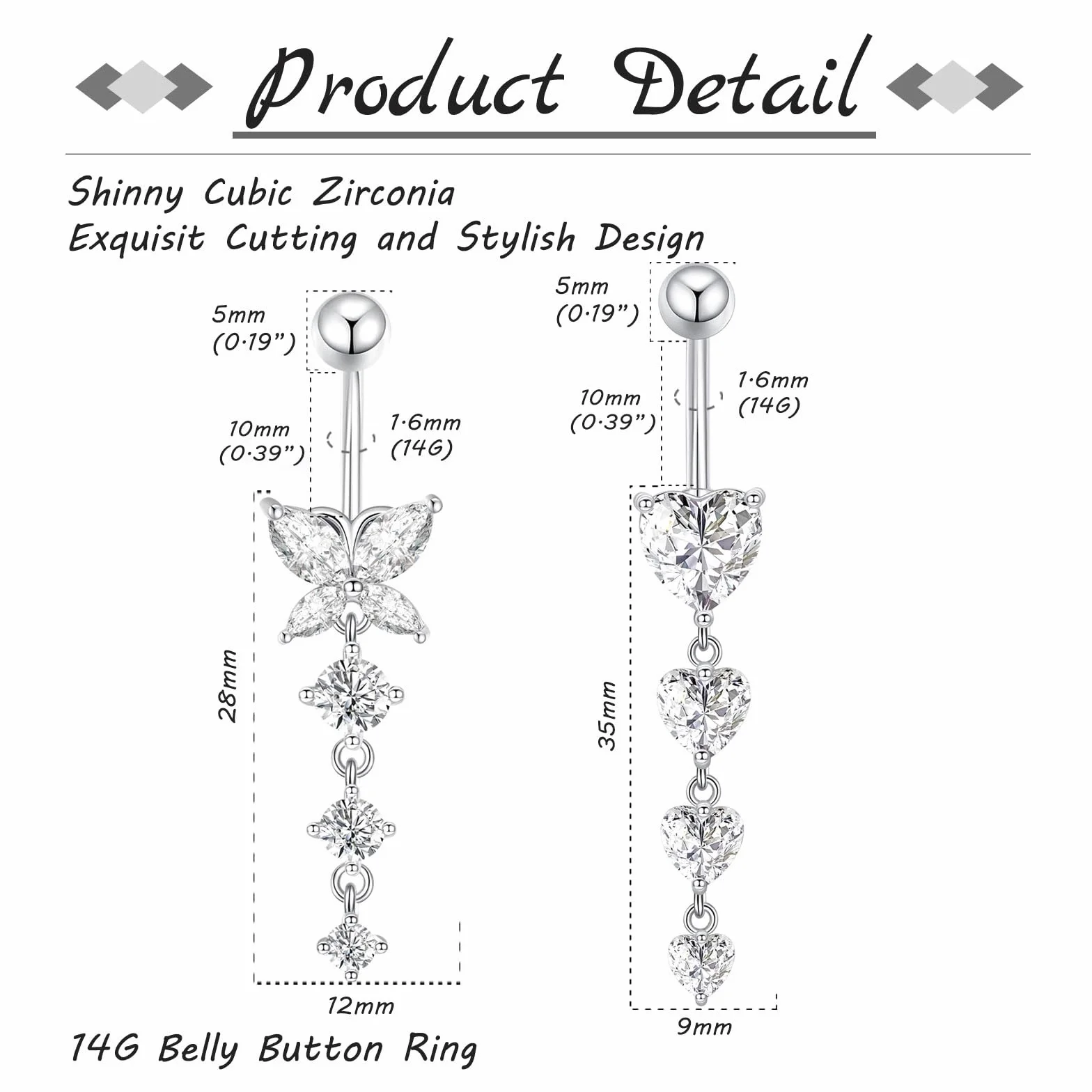 2-3-częściowy kolczyk do pępka 10 mm serce wisiorek piercing do brzucha 14G stal chirurgiczna piercing do pępka biżuteria srebrny złoty