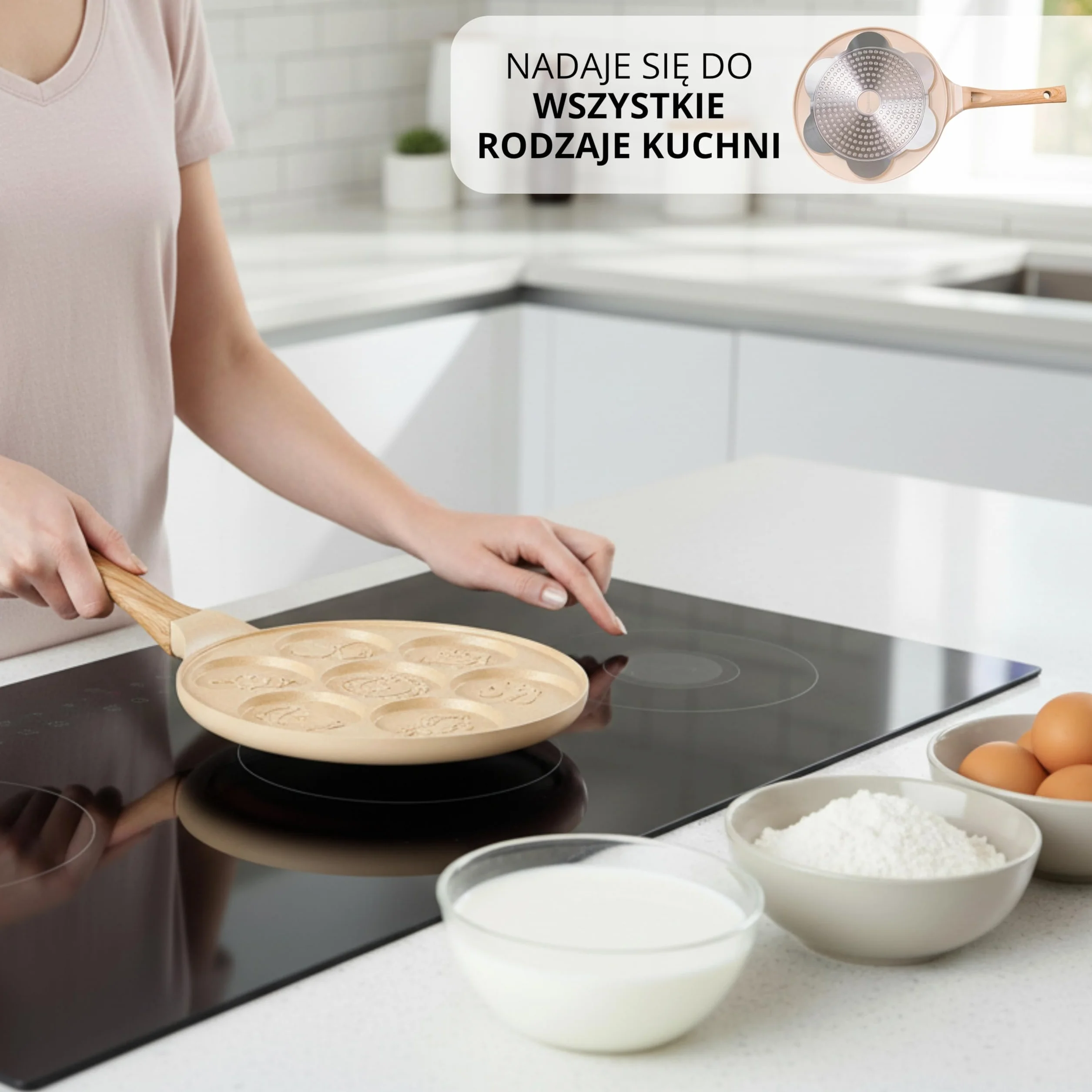 Erreke Patelnia do Naleśników, Patelnia do Crepes, 7 Mini Naleśników Jednocześnie, Podwójna Nieprzywierająca Powłoka, Do Wszystkich Typów Kuchni i Płyt Indukcyjnych, Uchwyt Soft Touch, 26 cm Beżowa