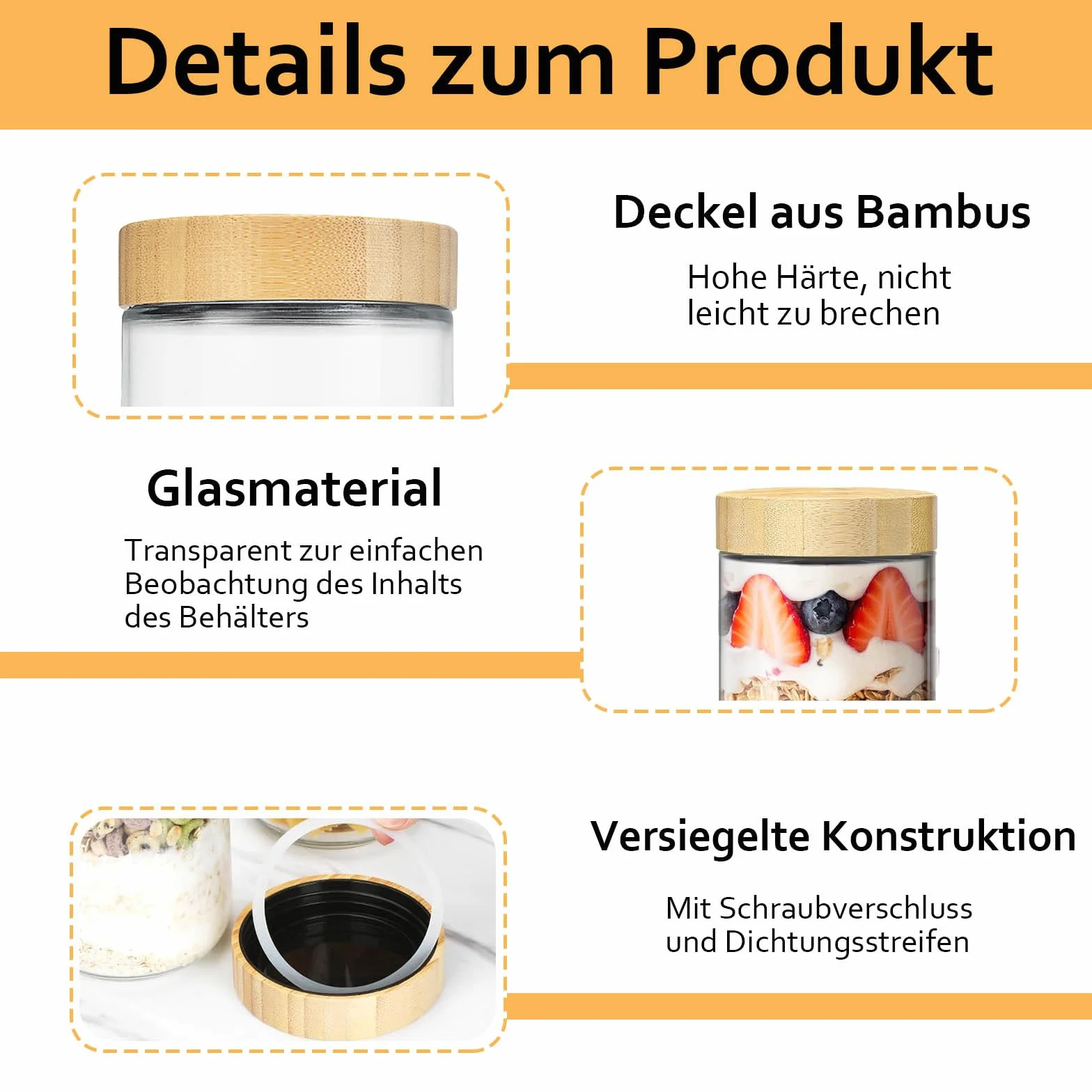 Szklane słoiki Overnight Oatmeal 500 ml 4 szt. z bambusową pokrywką i łyżką ze stali nierdzewnej