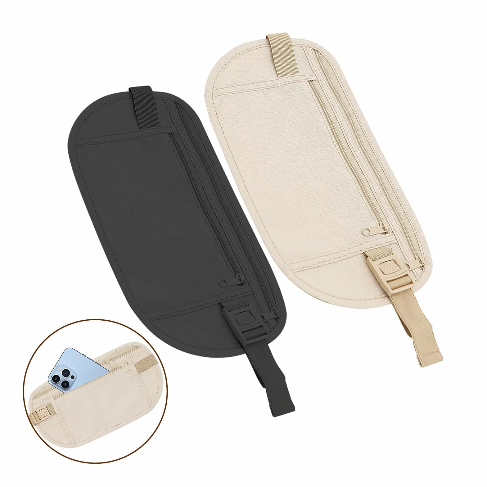 2 szt. Pasek na pieniądze, regulowany niewidzialny podróżny pasek na pieniądze, odporny na pękanie saszetka na talię sportowa wąska torba z ochroną RFID na paszport karty Contan, czarne, Modny