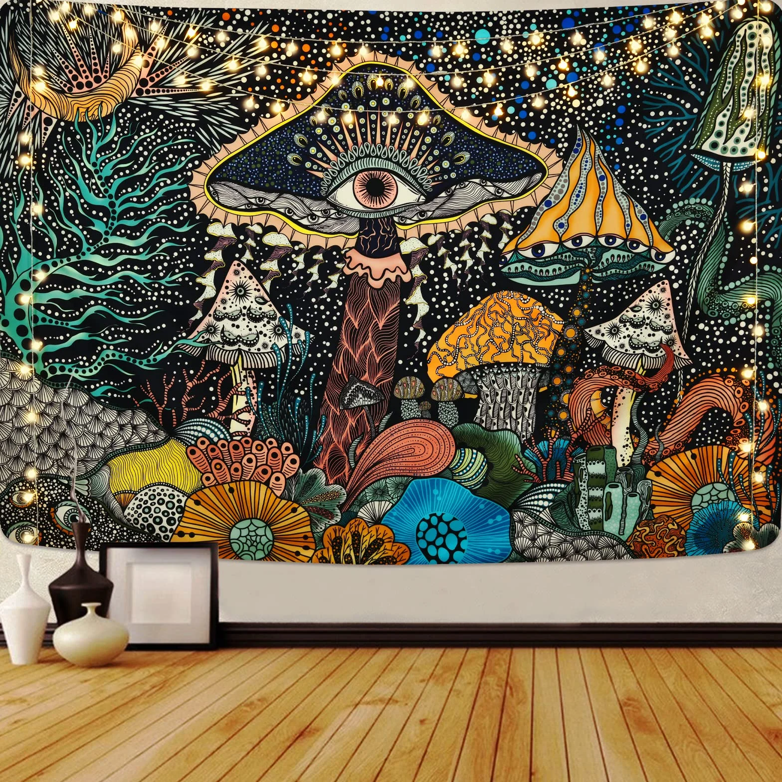 Yrendenge Grzyb dywan ścienny z oczami, chusta na ścianę, morze, stworzenia, ozdoba na ścianę, styl boho, motyw oceanu, psychodeliczny, dekoracyjny dywan ścienny do sypialni, 235 x 180 cm