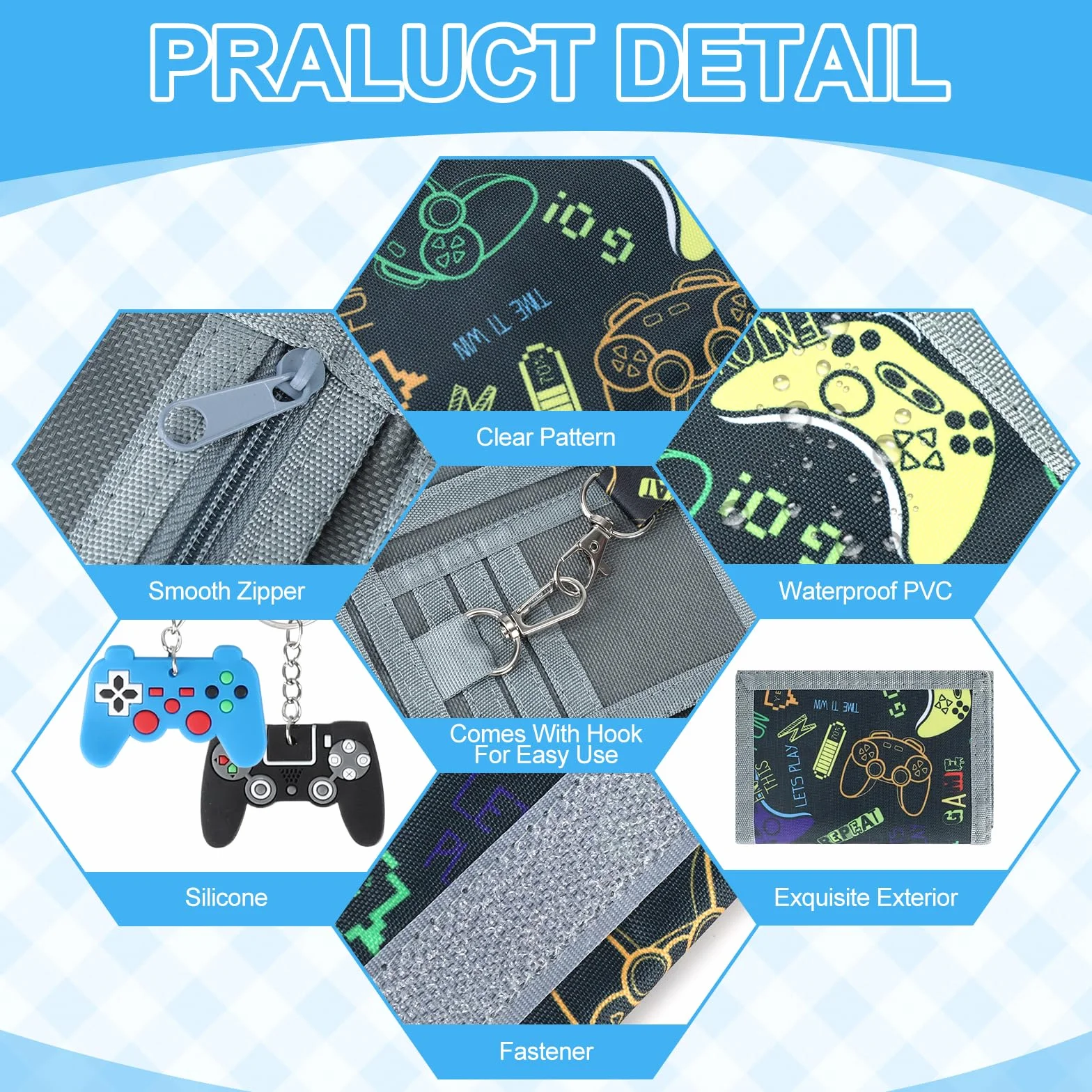 Trifold portfel dla dzieci, z 2 smyczami na klucze, wzór konsoli do gier, portfel dla chłopców i dzieci, portfel z brelokiem do kluczy, portfel dla chłopców dla nastolatków