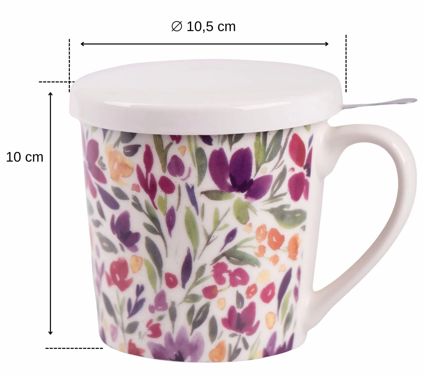 OMAGO Kubek porcelanowy z zaparzaczem do herbaty i przykrywką motyw kwiatów
