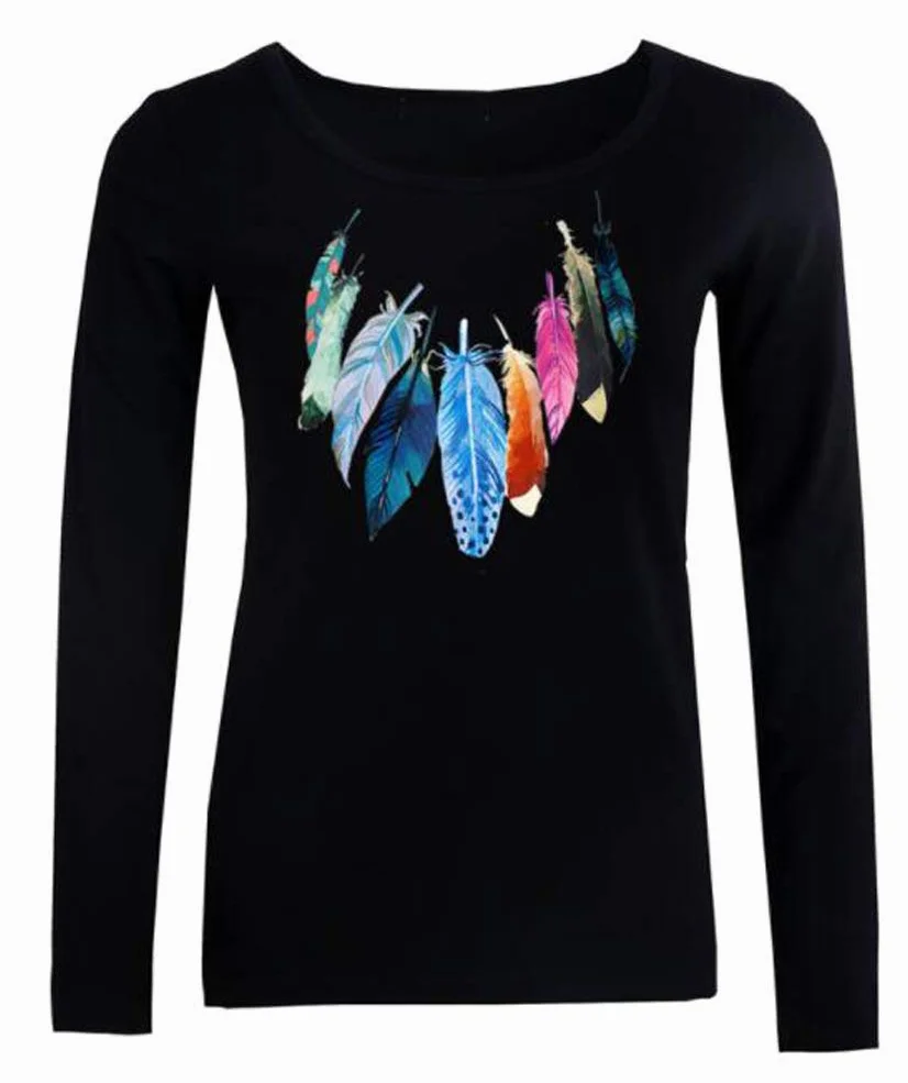 Koszulka damska wiosna jesień moda proste t-shirty top z długim rękawem okrągły dekolt podstawowy eleganckie pióro boa koszulki z nadrukiem dziewczęca bluzka na co dzień