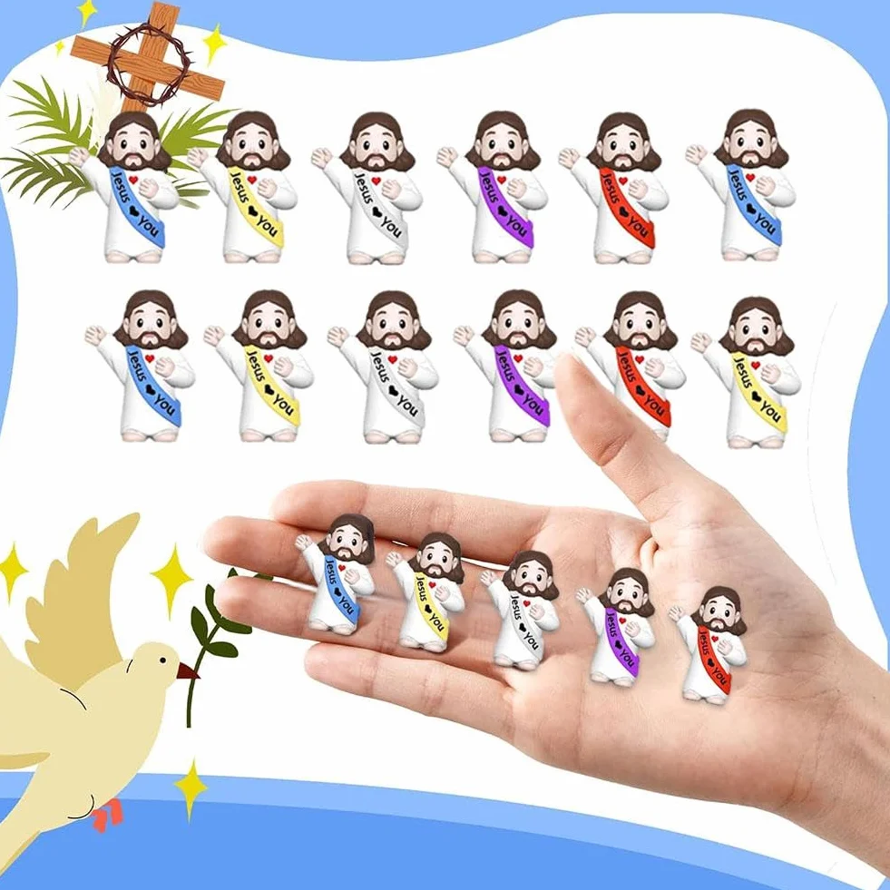 Figurki Małego Jezusa, 50 szt., mini figurki Jezus, małe statuetki do nadziewania jajek wielkanocnych, wielokolorowe figurka "Jesus Loves You", mini figurka Jezus, do nadziewania jajek wielkanocnych