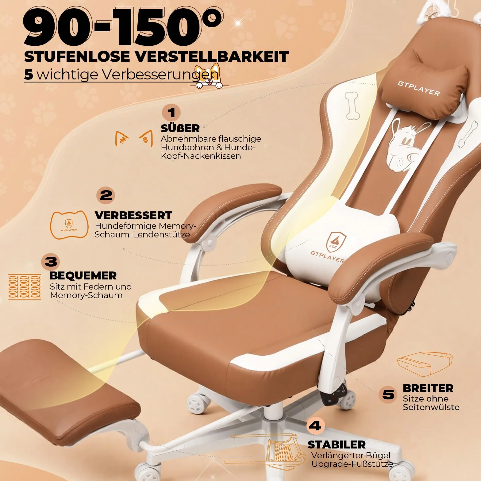 GTPLAYER Urocze krzesło gamingowe, ergonomiczne krzesło biurowe dla graczy z kocimi uszami, pianka memory i podnóżek, 150 kg, sztuczna skóra, brązowe