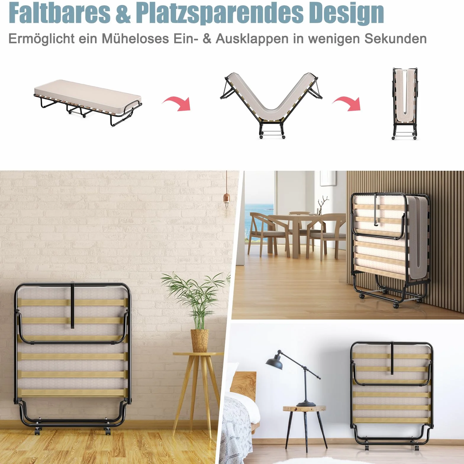 COSTWAY Łóżko dla gości 80x190 cm składane z materacem piankowym memory metalowe do 130 kg na kółkach beżowe