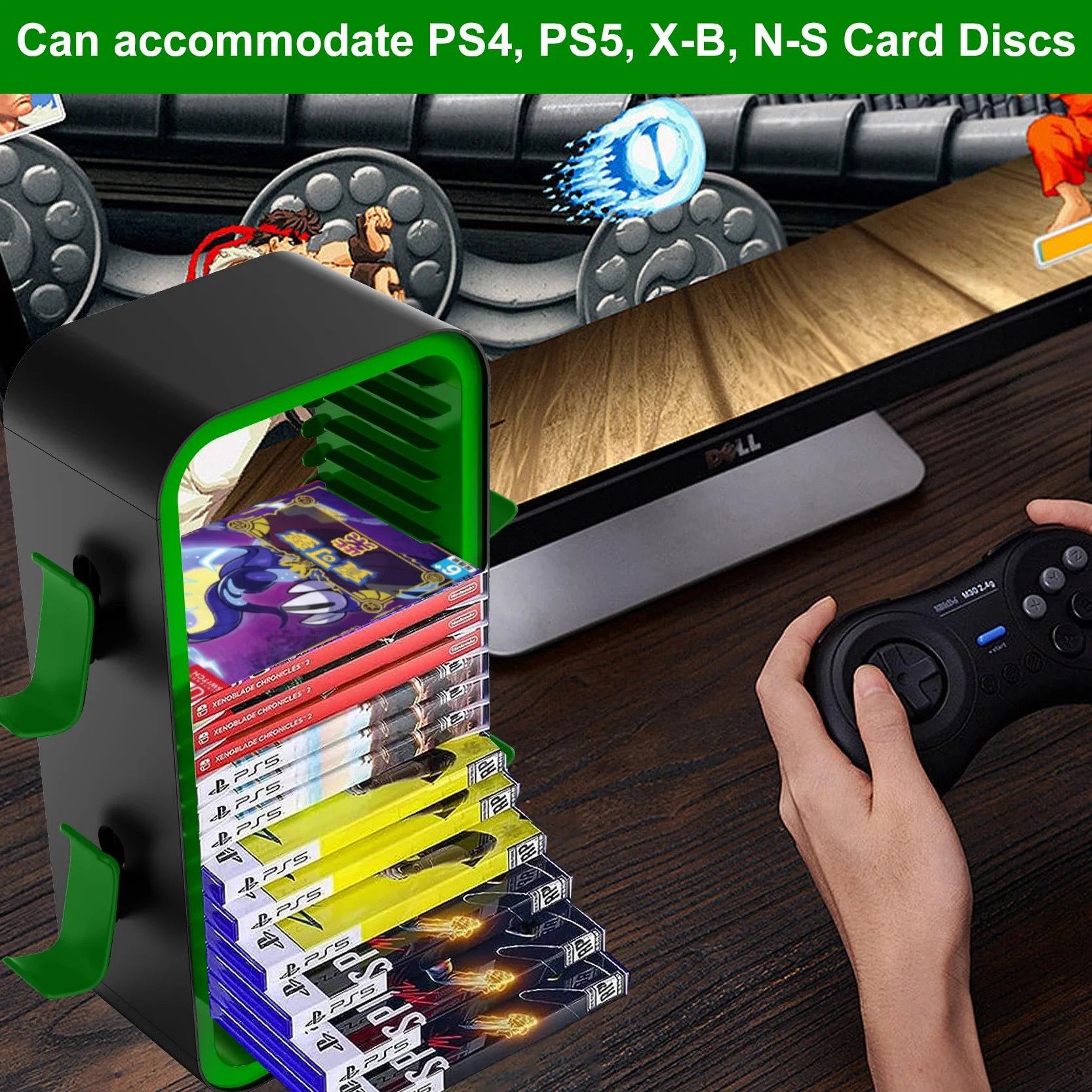 Wieża do przechowywania gier na PS5/PS4/Xbox One/Xbox Series X/S/Switch etui do gier Blu-Ray, przechowywanie 18 gier, z 4 uchwytami na kontroler (zielona)