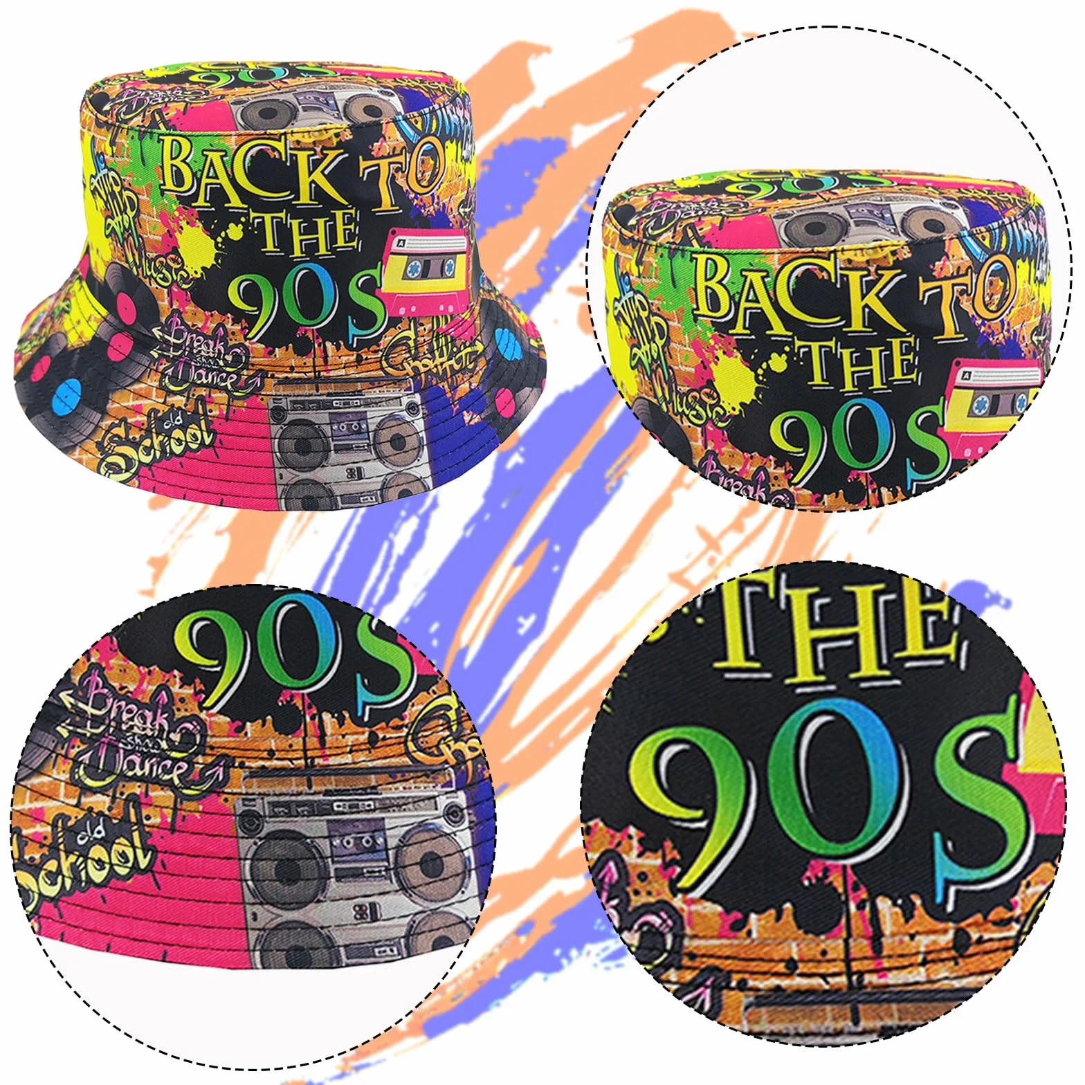 SSKHE Dwustronny kapelusz typu bucket z lat 90., graffiti, styl artystyczny, dwustronny zabawny kapelusz typu bucket hat, hip-hop, rockowy, styl uliczny unisex