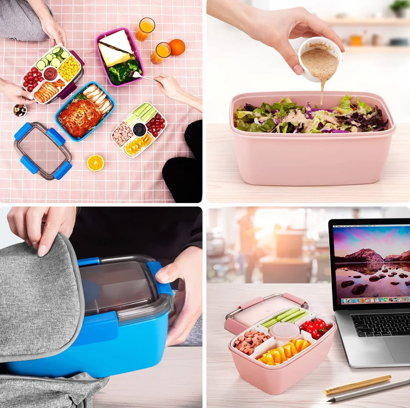 MUJUZE Bento Box 2000 ml 2-poziomowe pudełko na lunch z przegródkami, bez BPA, ze sztućcami, różowe