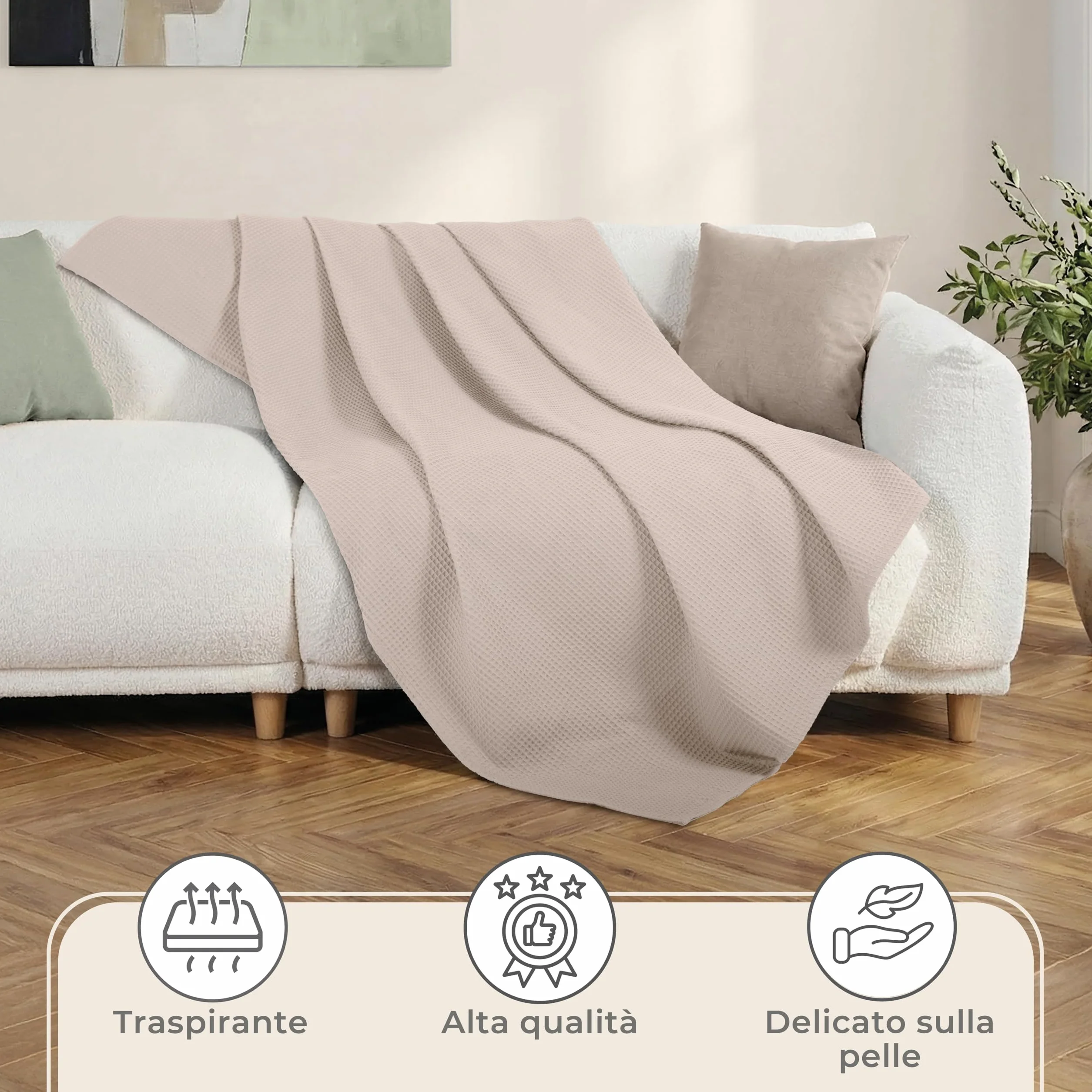 LAYNENBURG Narzuta klasy premium, 220 x 240 cm (rozmiar XXL), 100% bawełny o strukturze waflowej, lekka narzuta na łóżko, sofę, beżowa