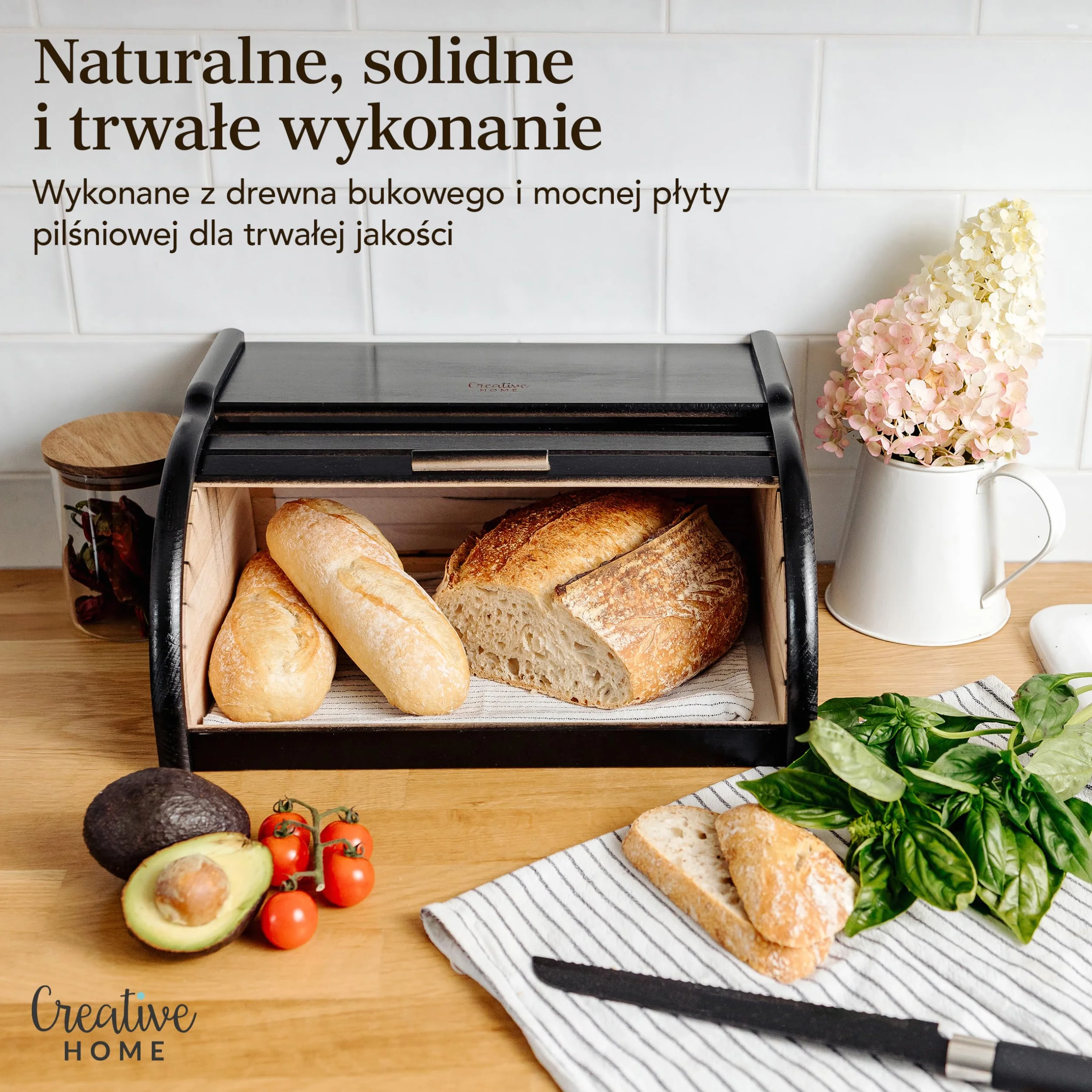 Creative Home Czarny Drewniany Chlebak z Rozsuwaną Pokrywą 38 x 28,5 x 17,5 cm Naturalne Drewno Bukowe