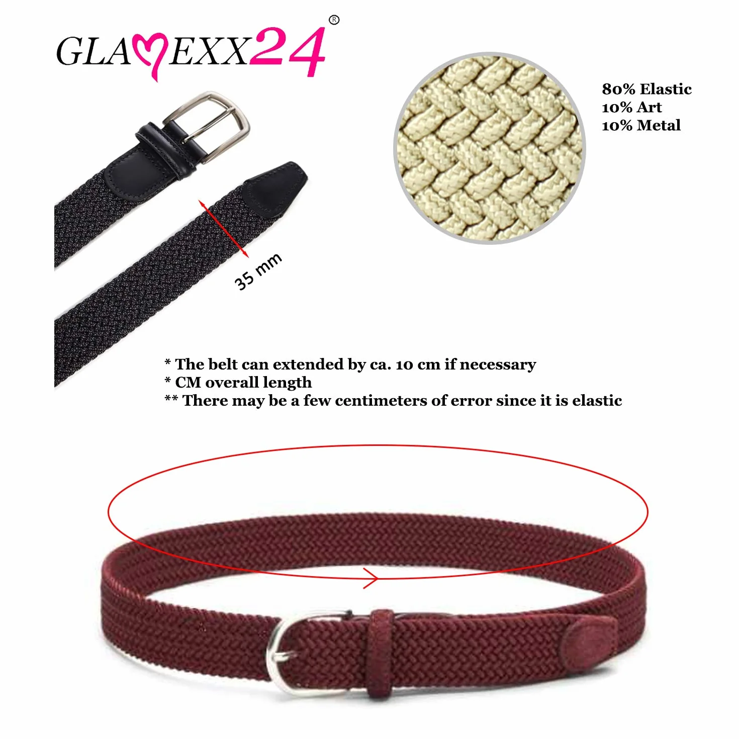 Glamexx24 Elastyczny pasek materiałowy, pleciony pasek ze stretchu, rozciągliwy pasek dla kobiet i mężczyzn
