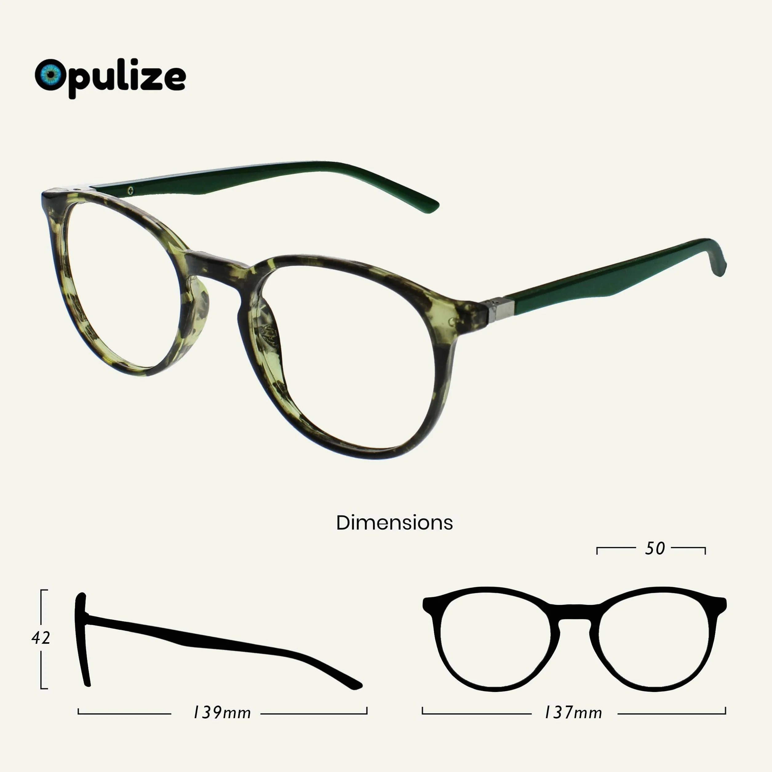 OPULIZE Met okulary do czytania, smukła, okrągła oprawka, zawiasy sprężynowe, odporne na zarysowania, zielone, żółwia kret, solidne zauszniki, dla mężczyzn i kobiet, R60-6 +3,50
