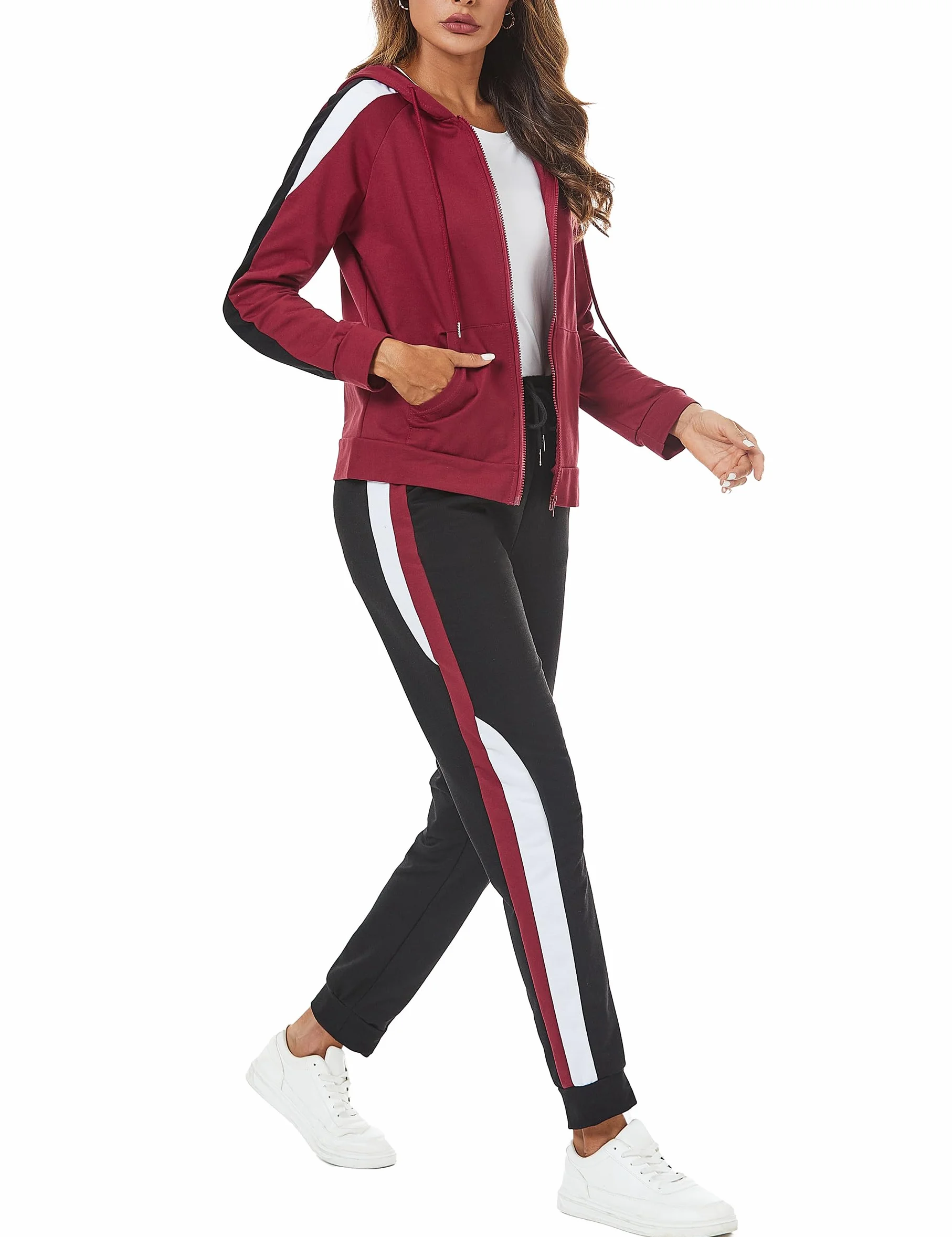 Litherday Dres damski, kombinezon, damski, zimowy, zestaw sportowy, damski, bawełna, bluza z kapturem kontrastowy kolor i spodnie joggery, do fitnessu, joggingu, S-XXL
