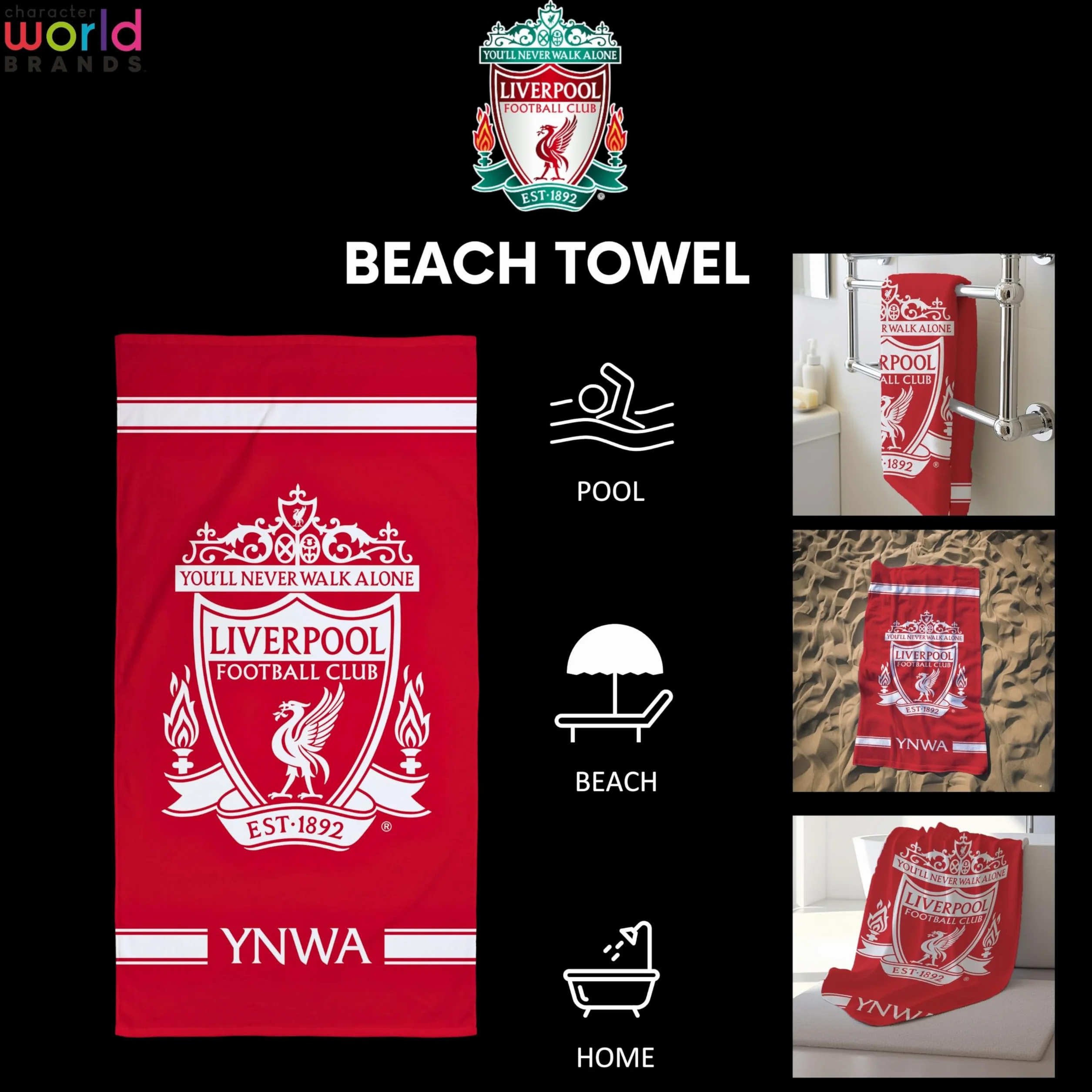Liverpool FC Oficjalny ręcznik Character World | super miękki w dotyku, projekt klubu piłkarskiego YNWA | idealny do domu, wanny, plaży i basenu, jeden rozmiar 75 cm x 150 cm | 100% bawełna