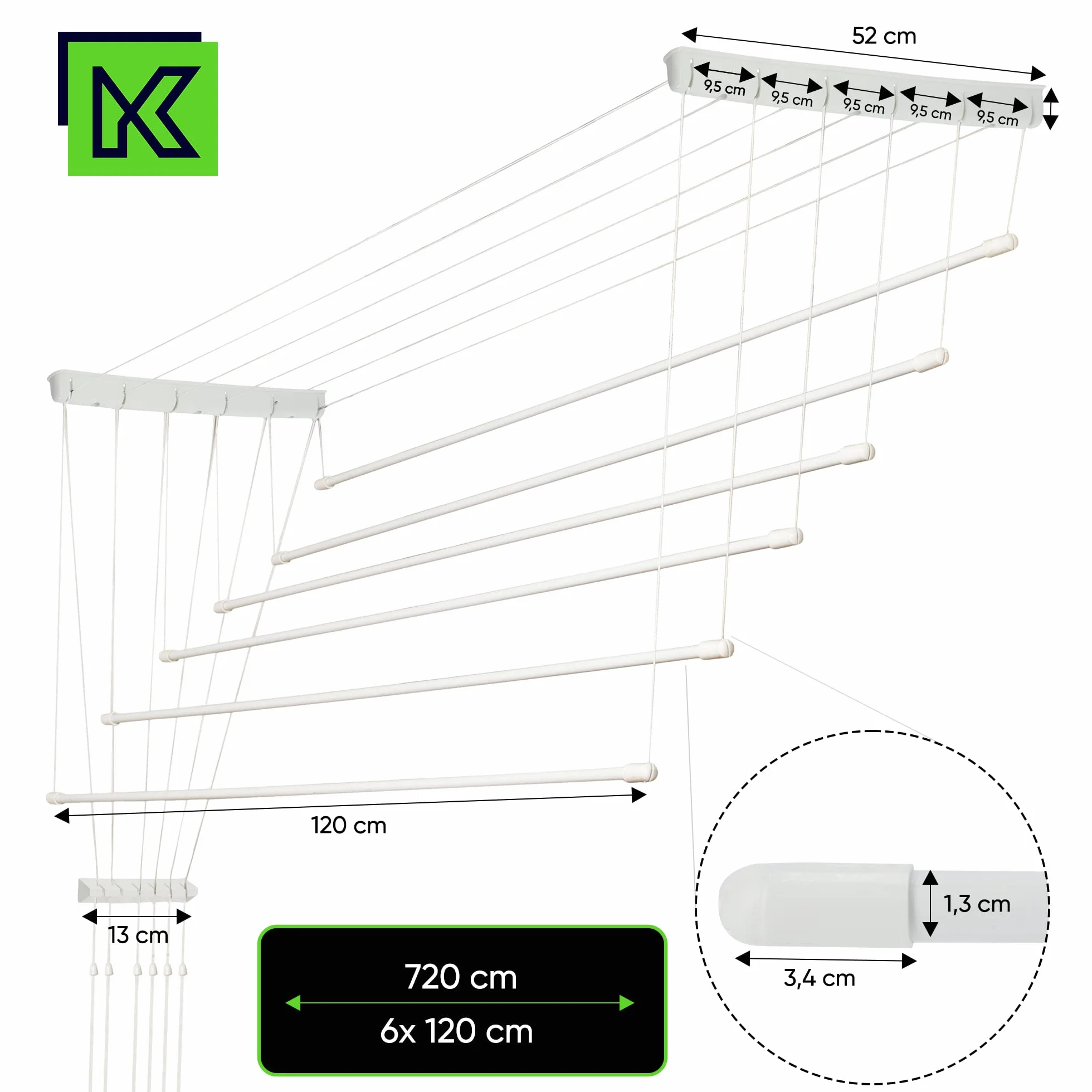 KADAX Suszarka sufitowa na pranie 6x120 cm biały udźwig 12 kg