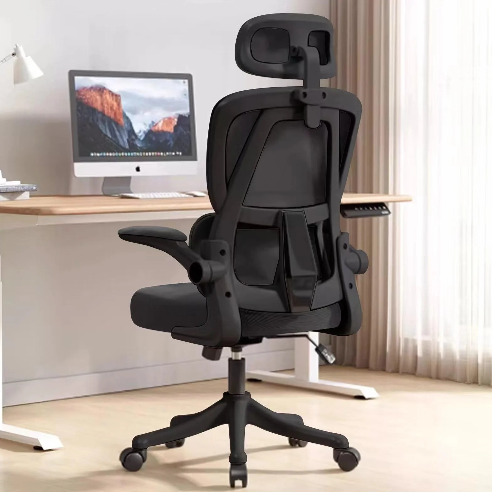 Ergonomiczne Krzesło Biurowe - Czarny | Regulowane Krzesło Biurowe z Wysokim Oparciem z Siatki,Wsparciem Lędźwiowym,Podłokietnikami Odwracanymi | Do Domowego Biura,Gier,Nauki