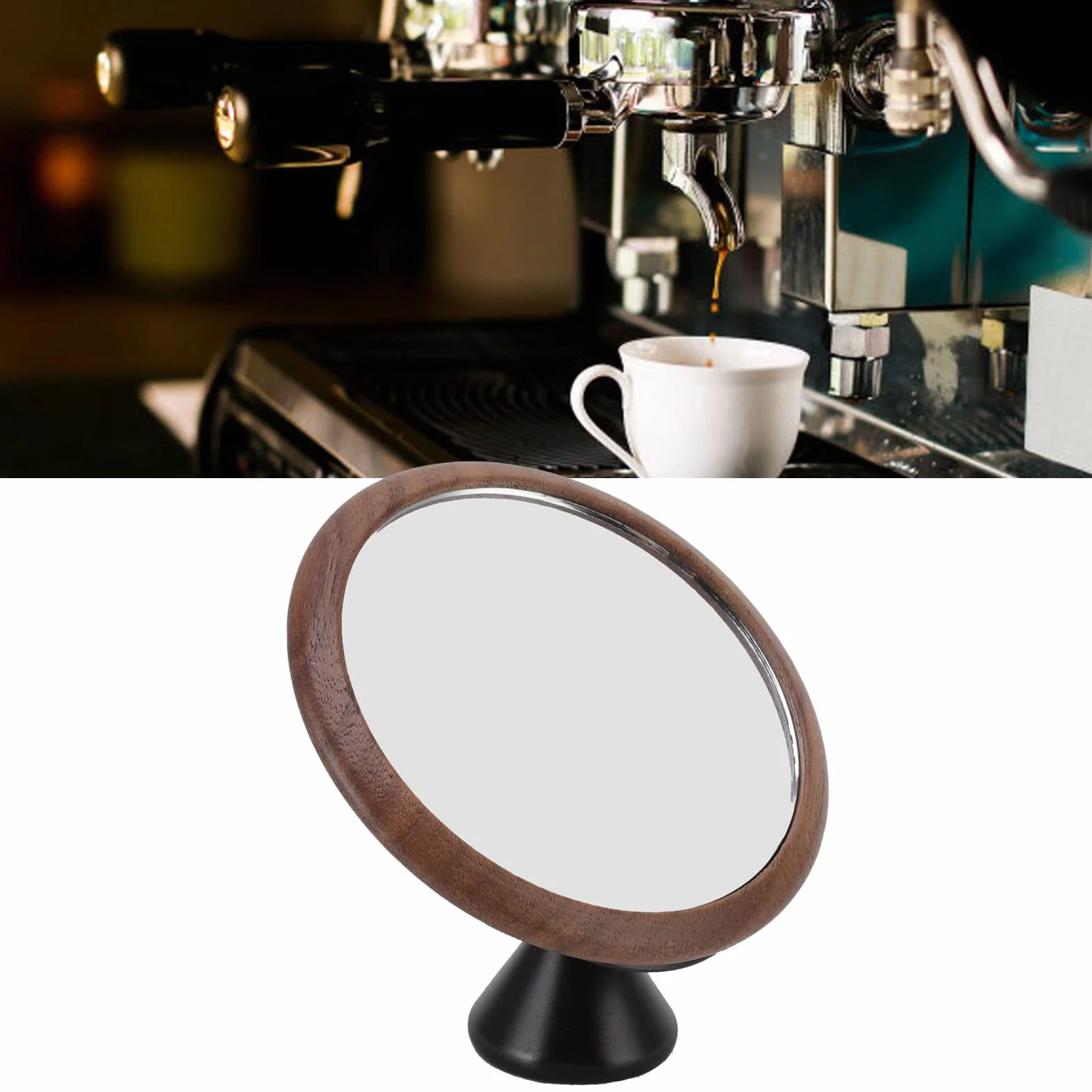 Lustro do Obserwacji Przepływu Kawy, Wielokierunkowy Obrót, Espresso Mirror, Podstawa z Czarnego Orzecha