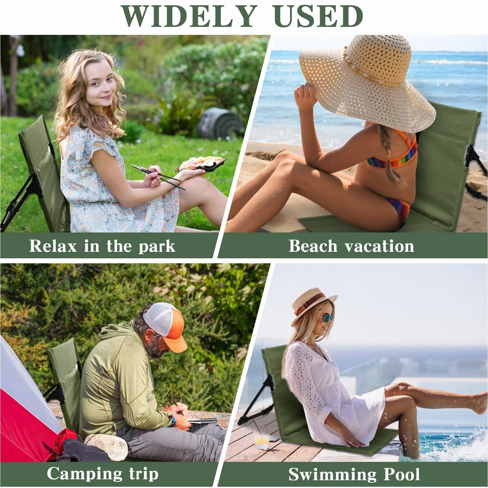 Składane Krzesło Plażowe Outdoor Army Green z Oparciem, Lekkie na Kemping