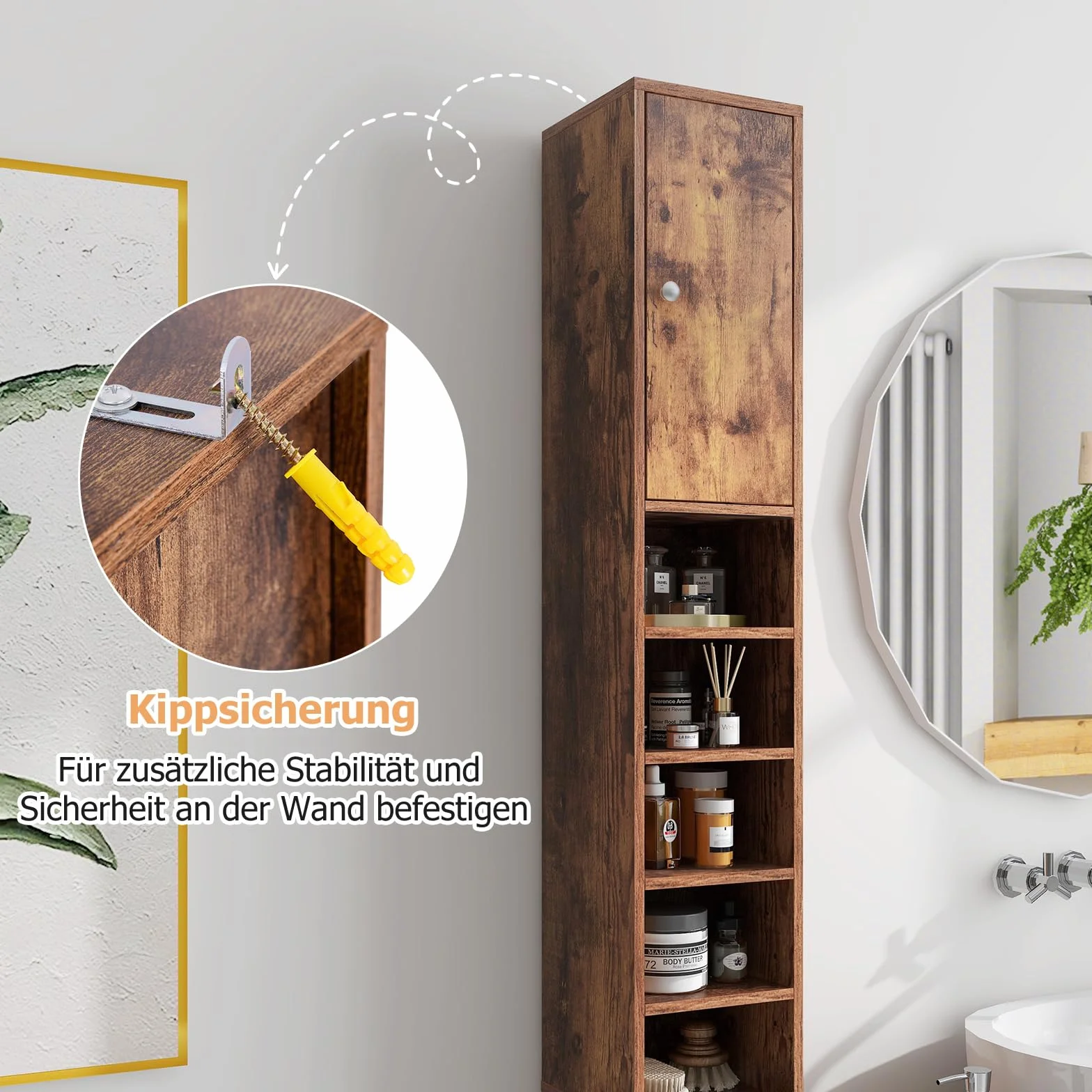COSTWAY Szafka łazienkowa wysoka wąska z 2 drzwiczkami 1 szufladą regał 20x20x180 cm brązowy