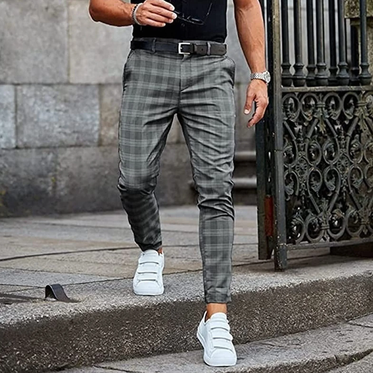 Spodnie Garniturowe Męskie Spodnie Chino W Kratę Męskie Slim Fit Stretch Chino Spodnie Męskie Sprawdź Flex Męskie Spodnie Do Joggingu Wygląd Garnituru Chino Spodnie Męskie Skinny spodnie dresowe (Col