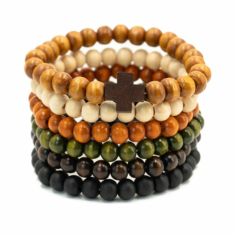 Zestaw 6 bransoletek z koralików drewnianych Stack, Cross Bangle - Bransoletki z koralików dla kobiet i mężczyzn, 8 mm okrągłe, elastyczne bransoletki z koralików, unisex, do jogi