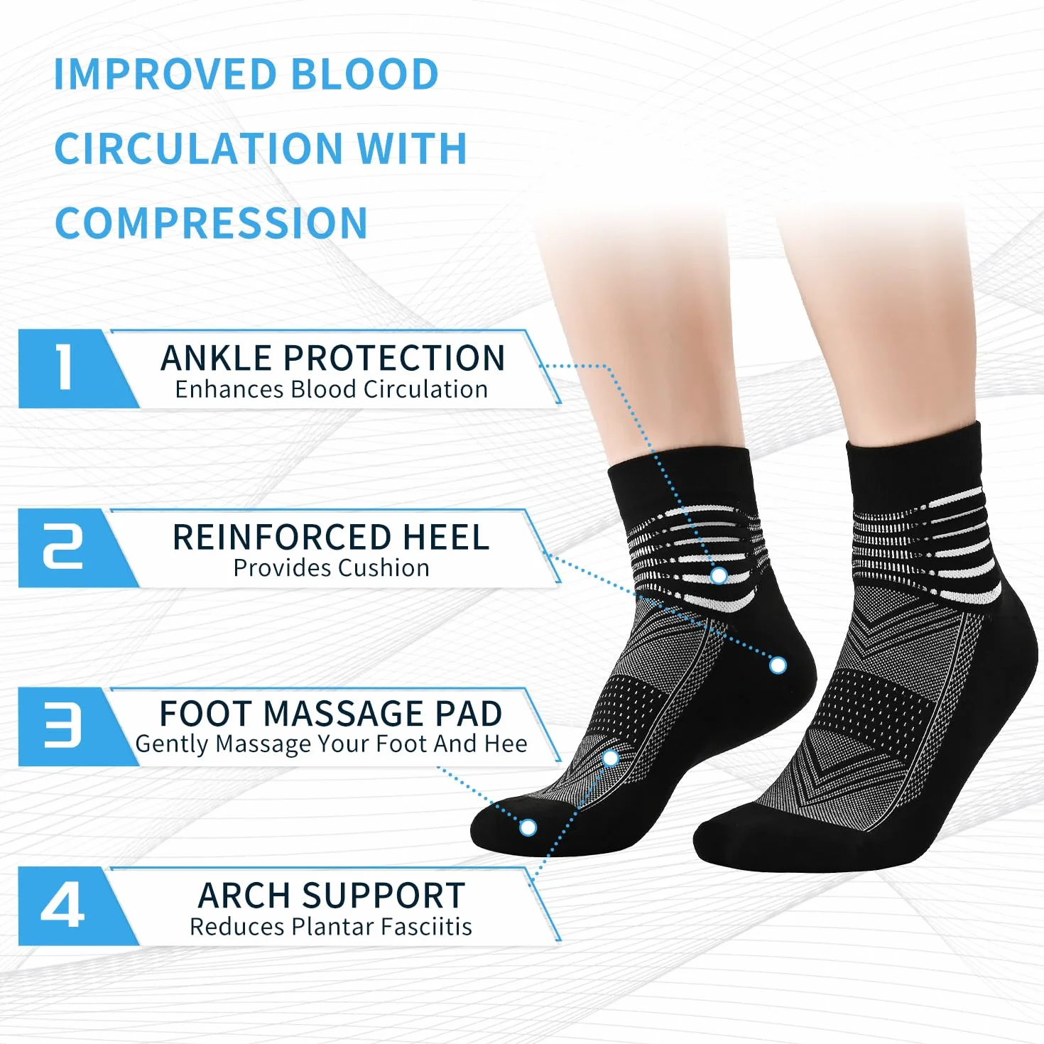 IRAMY Kompressionsstrümpfe Męskie Damskie Knöchelstütze Sneaker Laufsocken Kompressionssocken Coolmax Wicklung Sportsocken Gepolsterte Plantar Fasciitis Socken 3 Paar