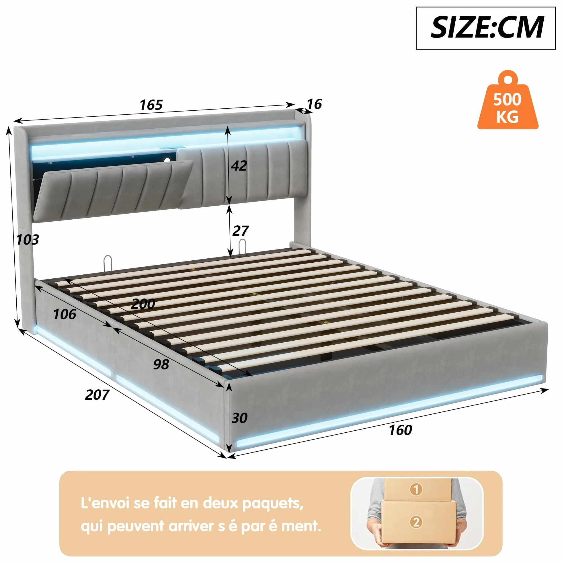 Tapicerowane łóżko podwójne 160x200 cm z oświetleniem LED i ładowaniem USB, hydrauliczne z pudełkiem do przechowywania, szary
