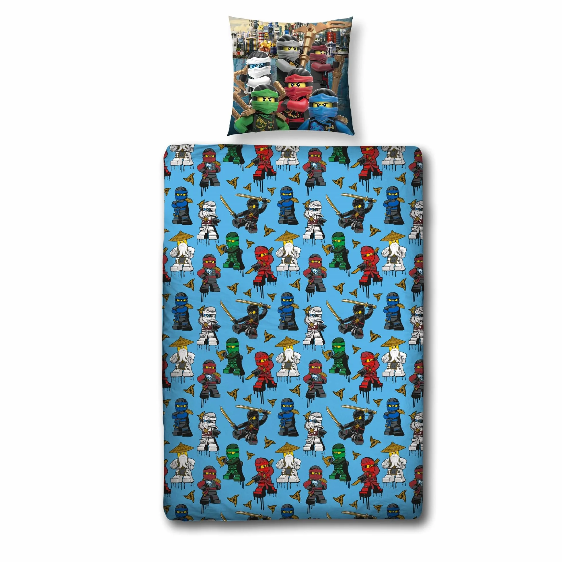 Lego Ninjago komplet pościeli dla chłopców 135x200 80x80 cm 100% bawełny zamek błyskawiczny motyw Assemble