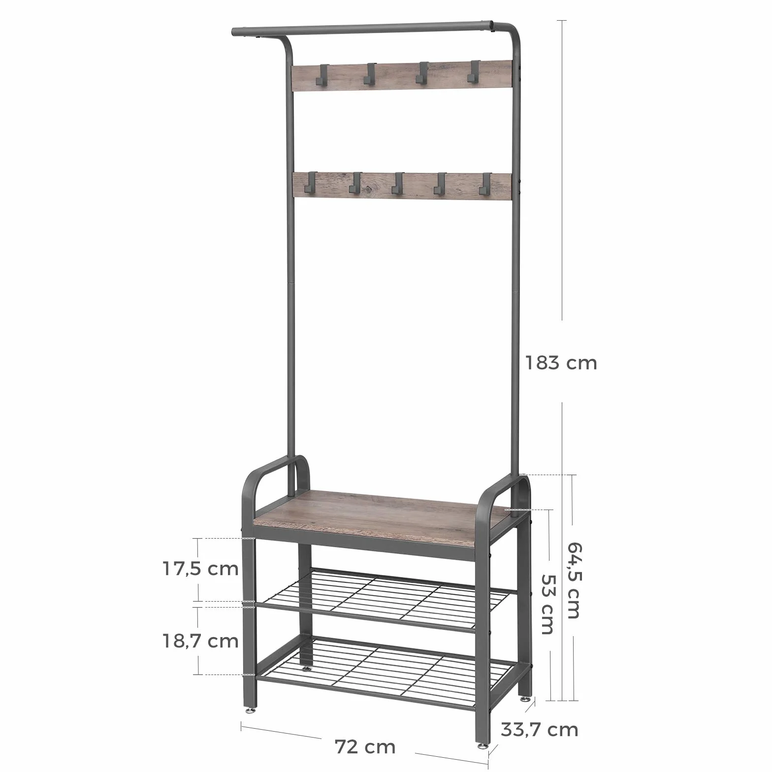 SONGMICS RUS4PK Wieszak na Ubrania z Siedziskiem, 9 Haków, 2 Półki, 183 cm, Szary
