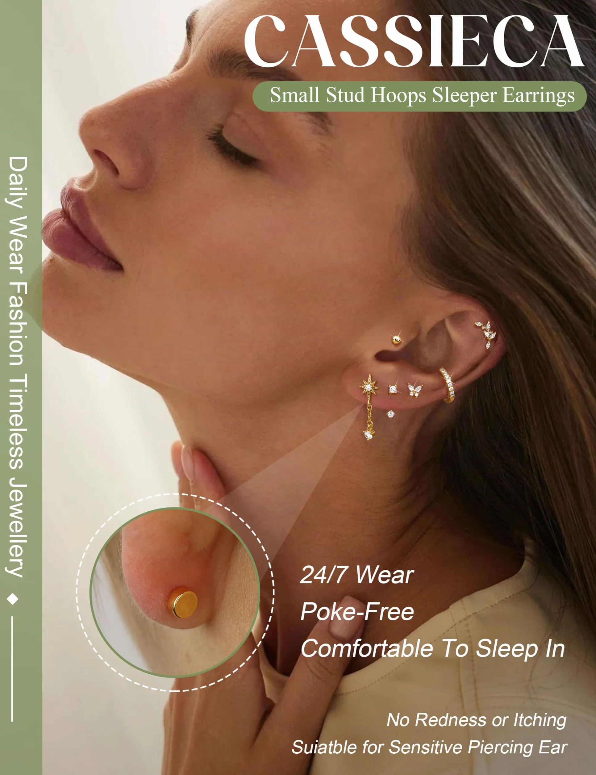 CASSIECA 21 szt. Kolczyki damskie chirurgiczne stal chirurgiczna kolczyk do uszu hipoalergiczne kolczyki damskie Helix Trag Hipoalergiczny Multi Piercing