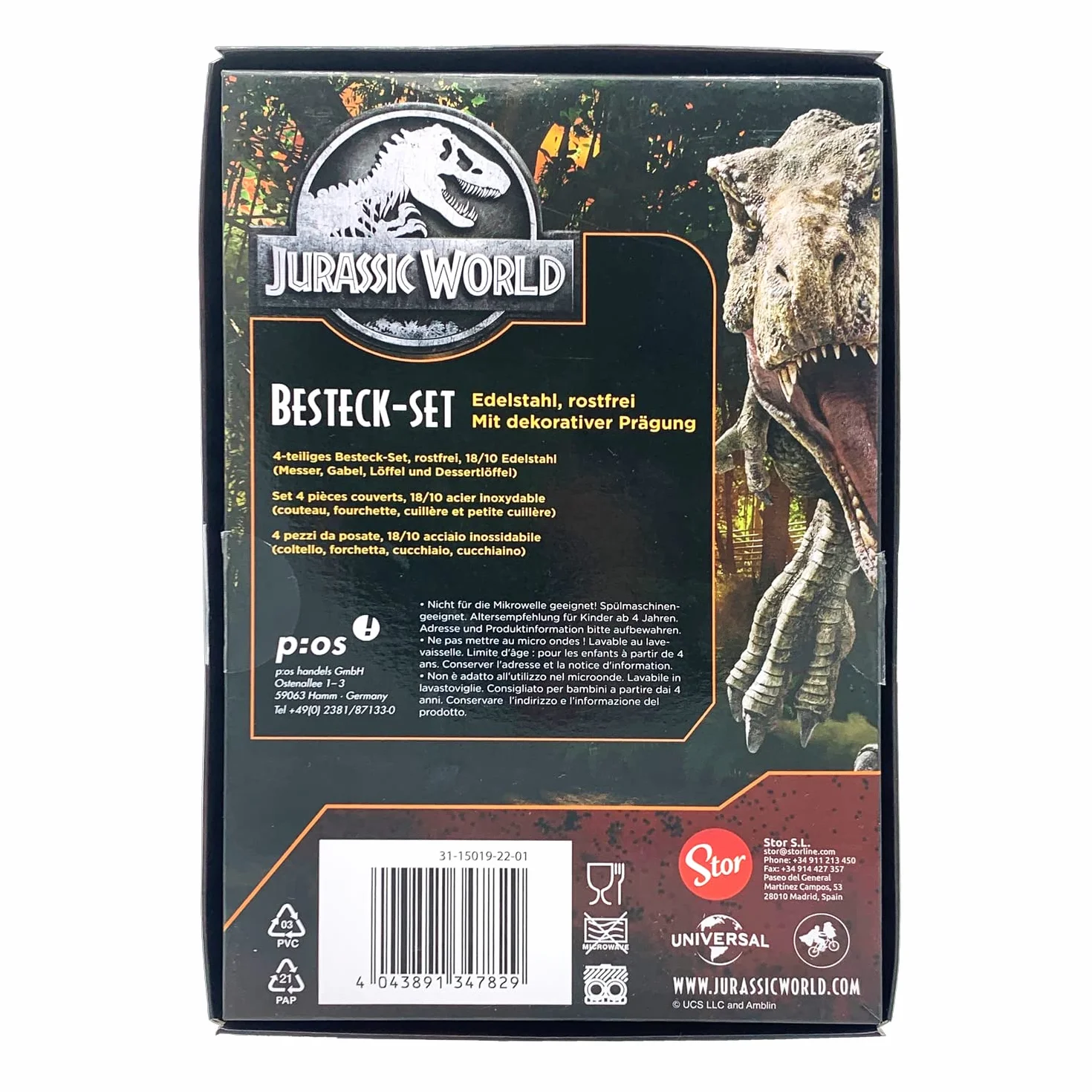 Jurassic World zestaw sztućców dla dzieci ze stali nierdzewnej 4-częściowy z grawerunkiem dinozaura srebrny