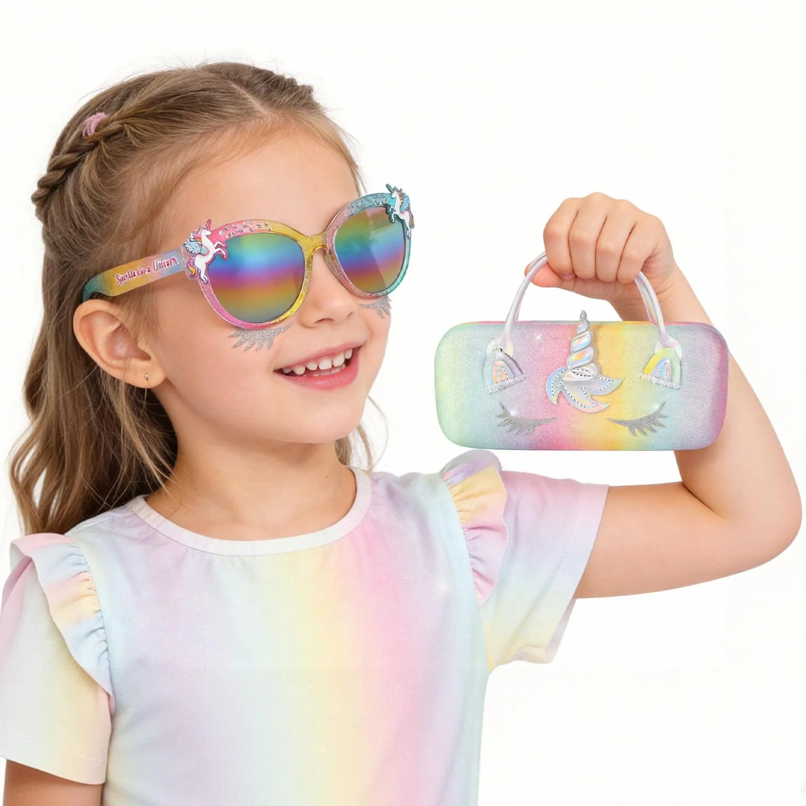 Okulary przeciwsłoneczne dla dzieci, ochrona UV400, okulary w sercu, jednorożec, dziewczynka z twardym etui na okulary dla dziewczynek 3-10 lat, Różowy jednorożec, Taille unique