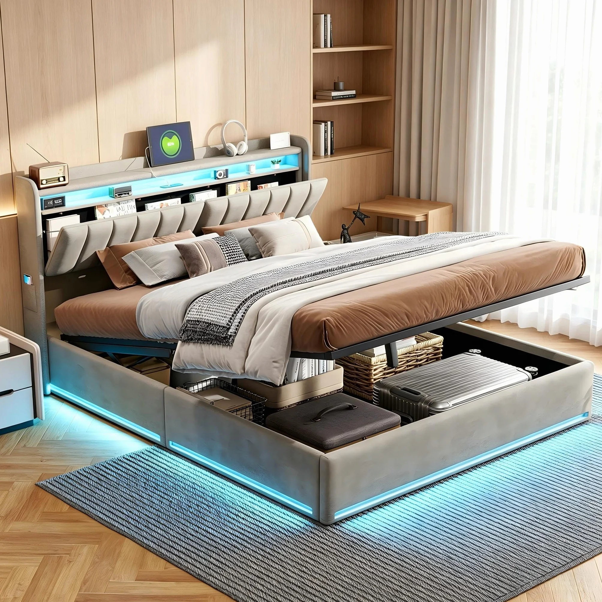 Tapicerowane łóżko podwójne 160x200 cm z oświetleniem LED i ładowaniem USB, hydrauliczne z pudełkiem do przechowywania, szary