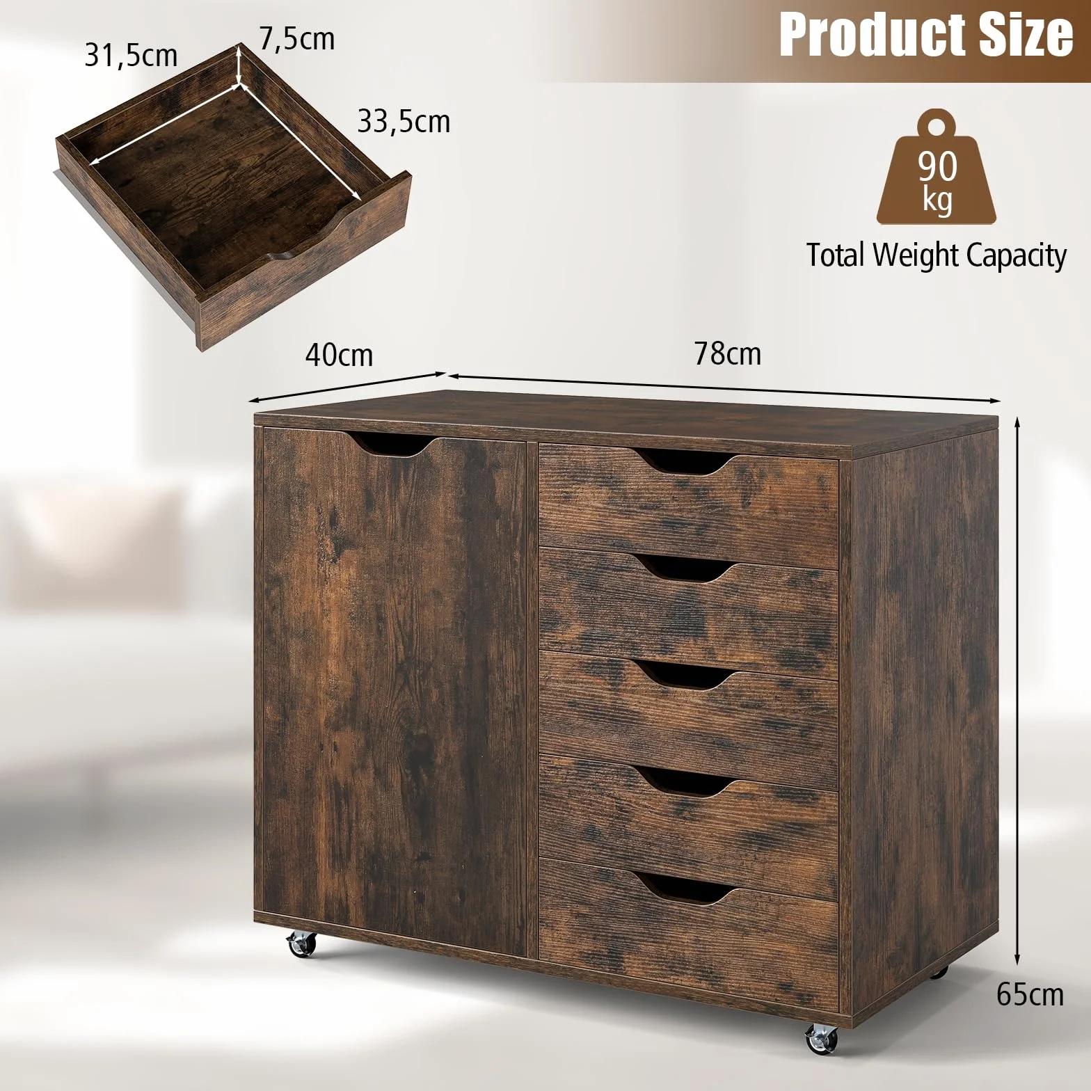 GIANTEX Kontener na kółkach z 5 szufladami i szafką, szafka na dokumenty, drewniana, 78 x 40 x 65 cm, brązowy